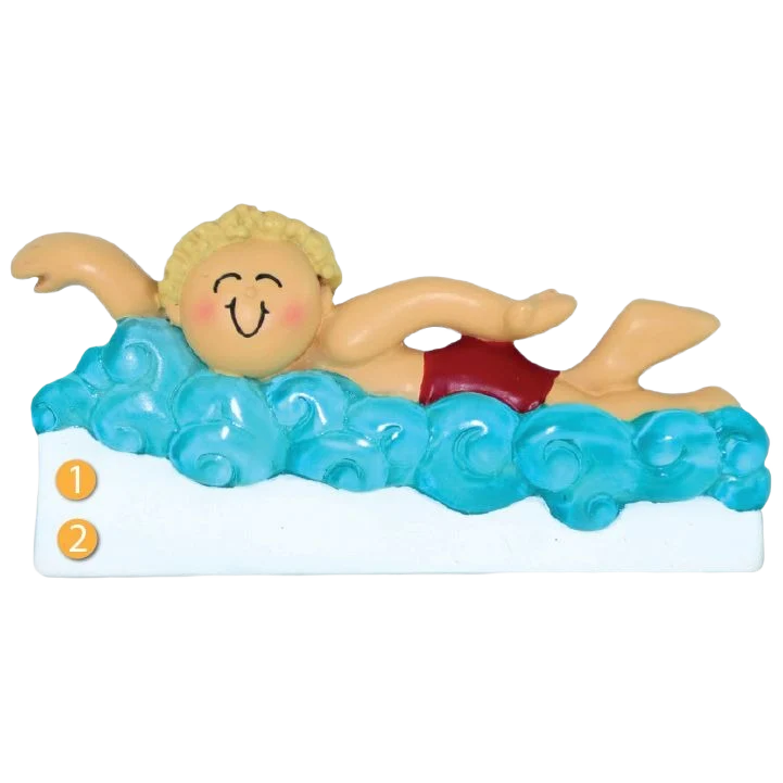 Contemporary Ornament Central Personalized Blonde Male Learning to Swim Ornament Soft