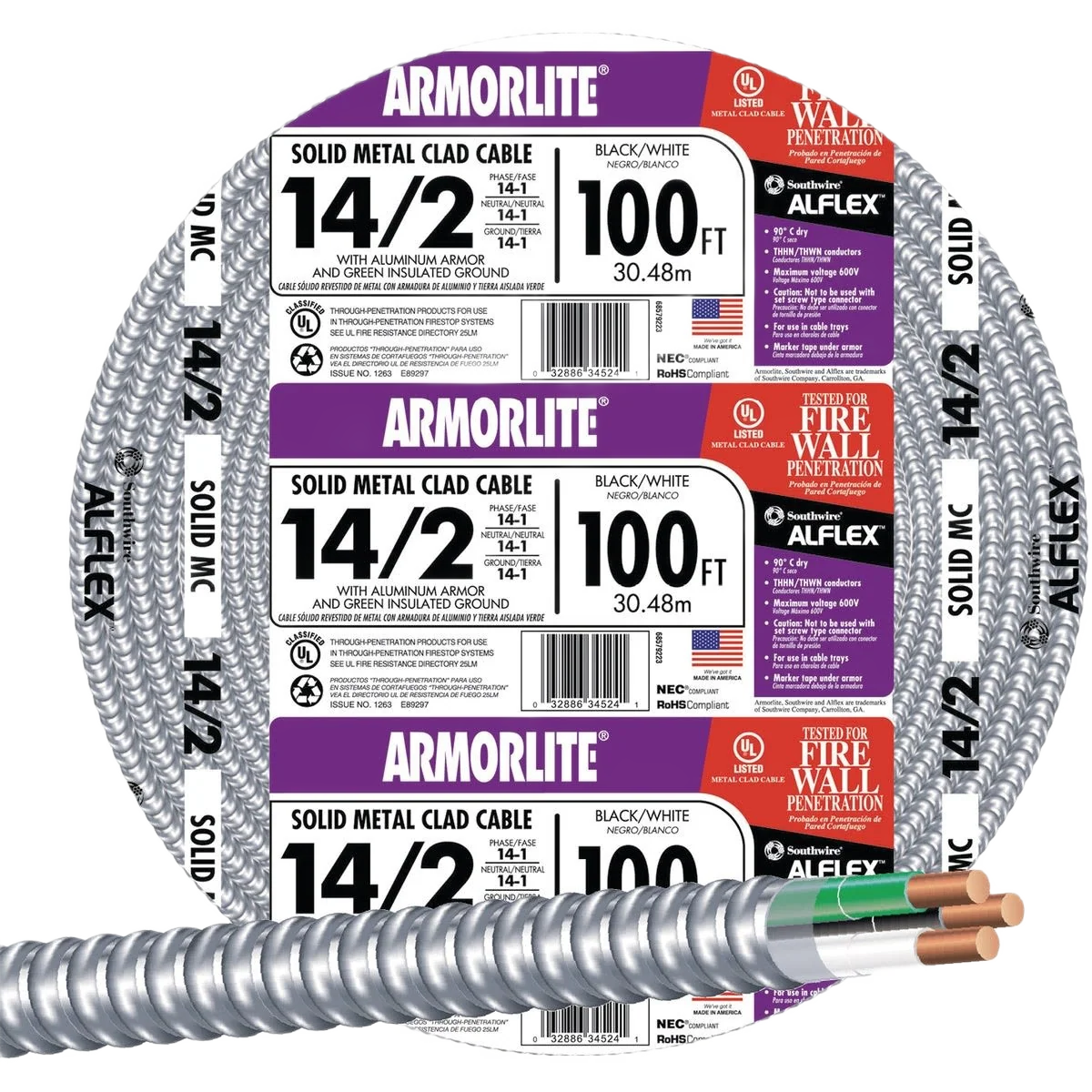 Natural Southwire 100' 14 2 MC Aluminum Armored Cable Expertly Made