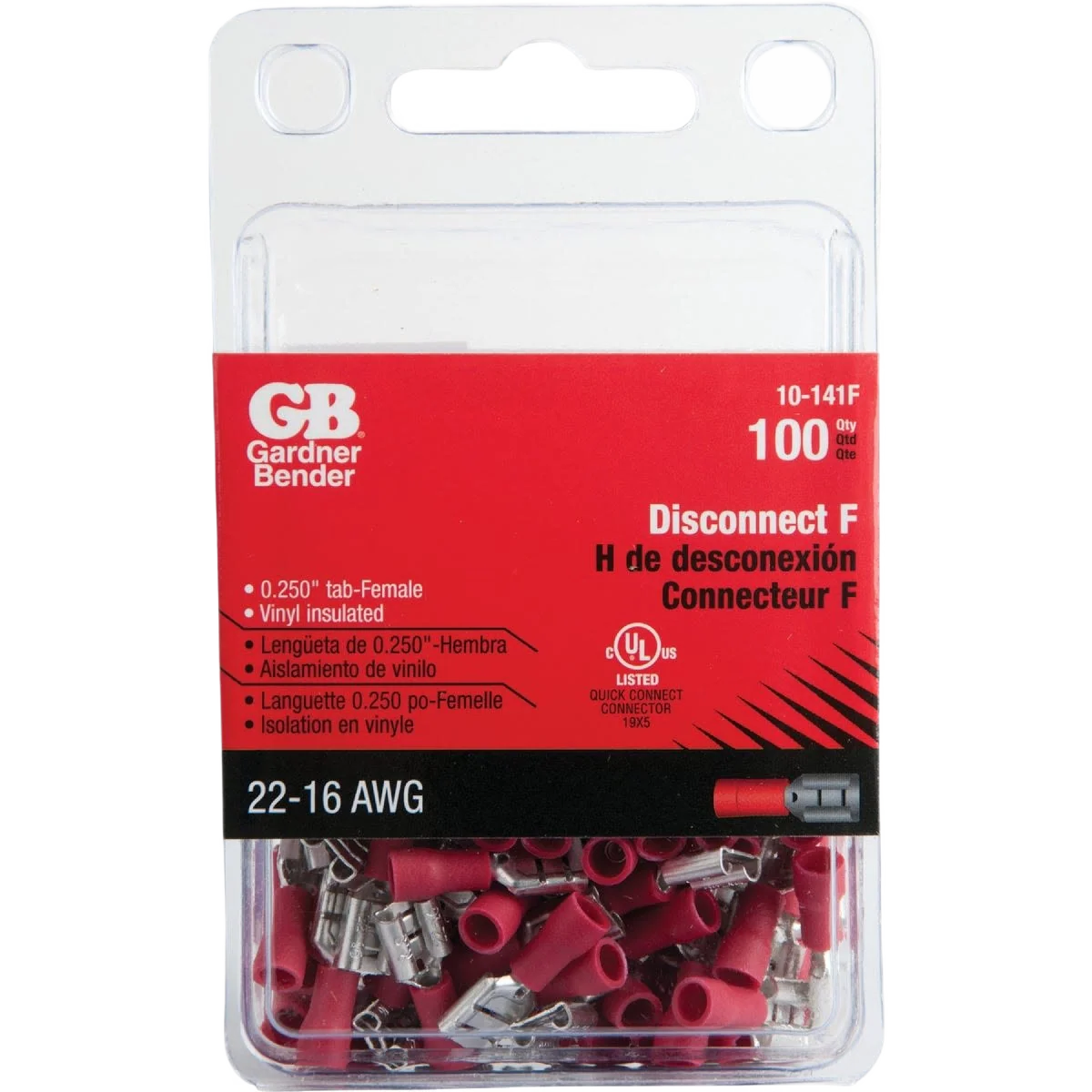 Fine Gardner Bender 22 to 16 AWG Red Vinyl-Insulated Barrel Female Disconnect 100-Pack Pure