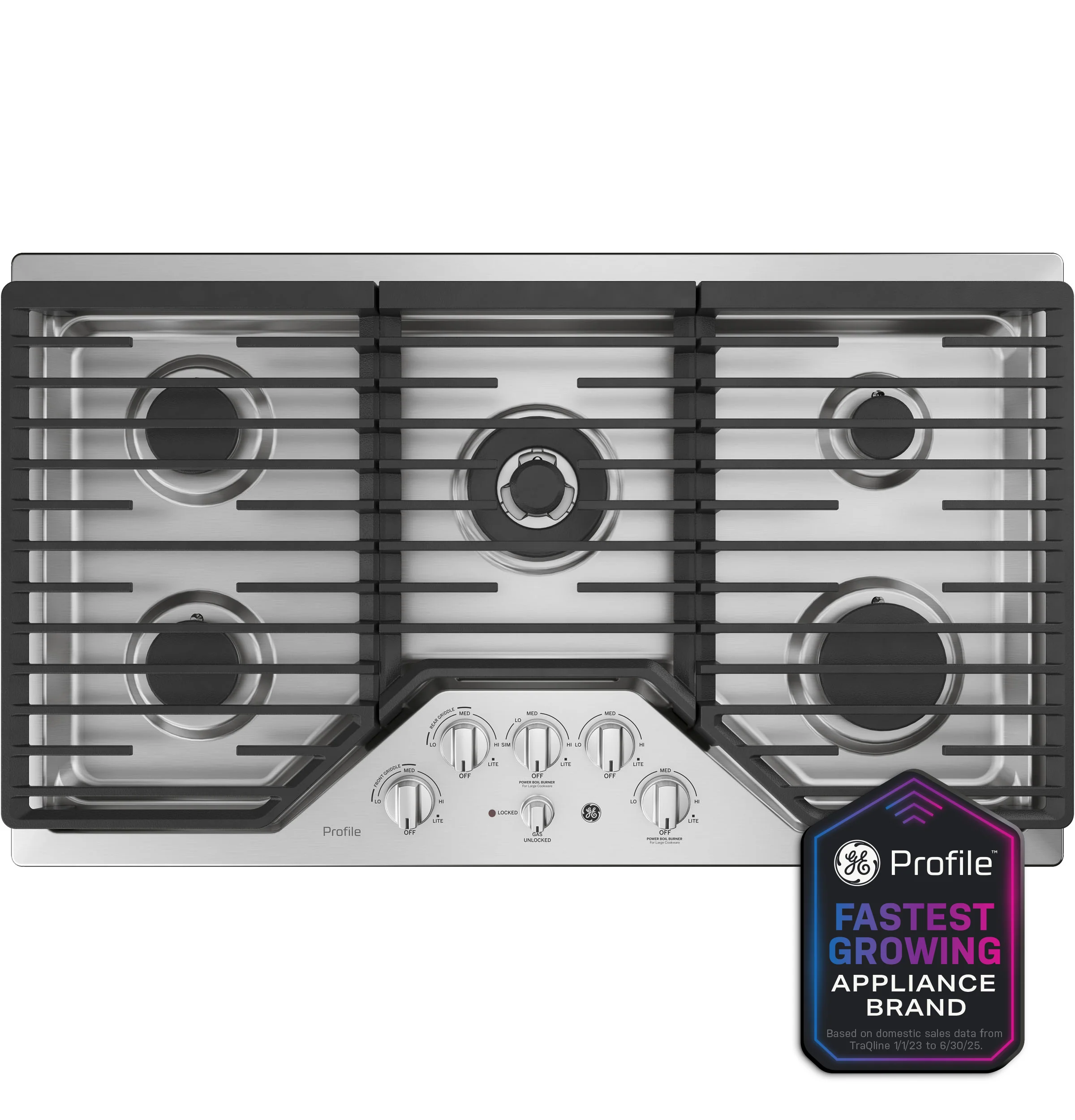 Innovative GE Profile™ 36 Built-In Tri-Ring Gas Cooktop with 5 Burners and Included Extra-Large Integrated Griddle Natural