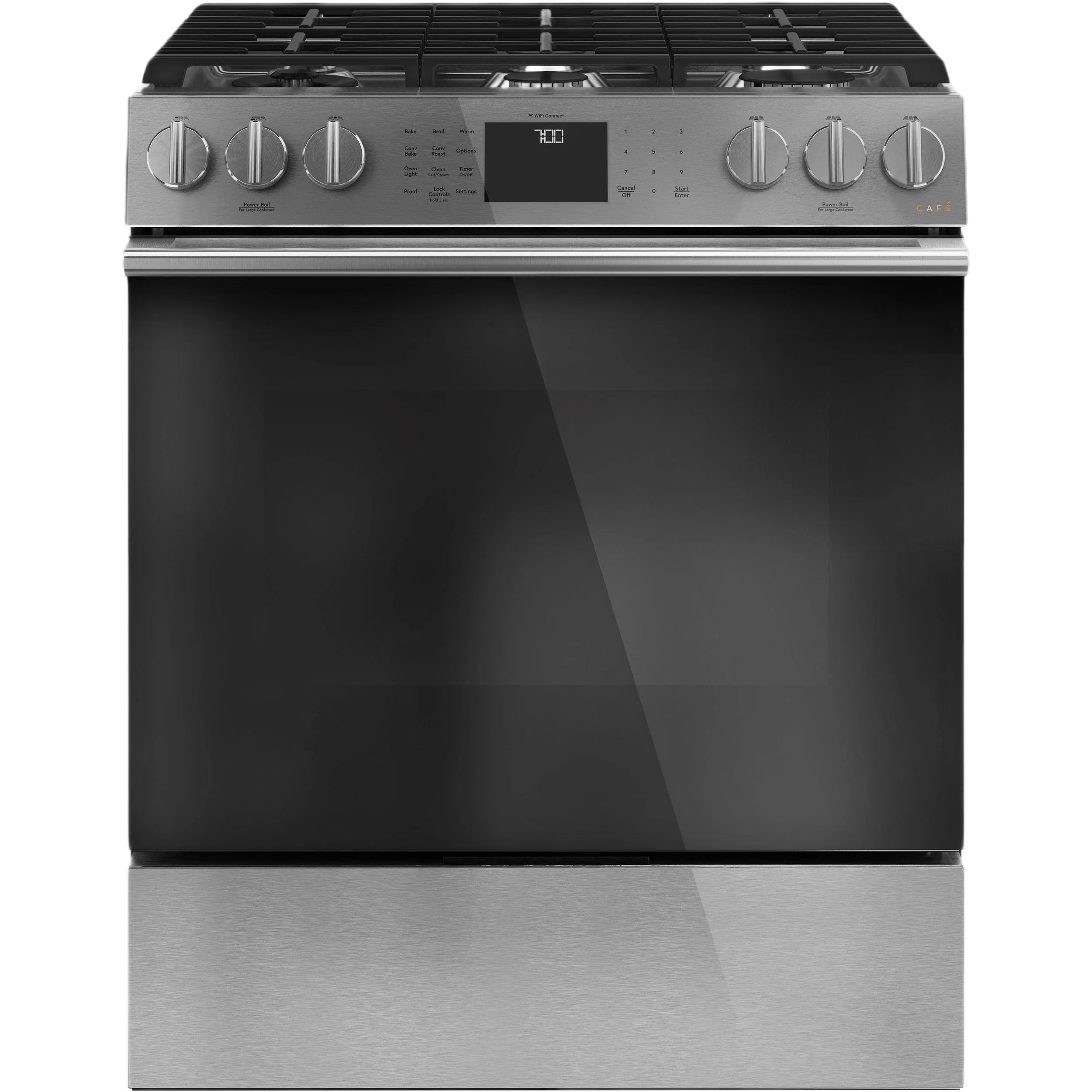 World-Class CAFÉ™ 30 Smart Slide-In Front-Control Gas Range with Convection Oven in Platinum Glass Safe