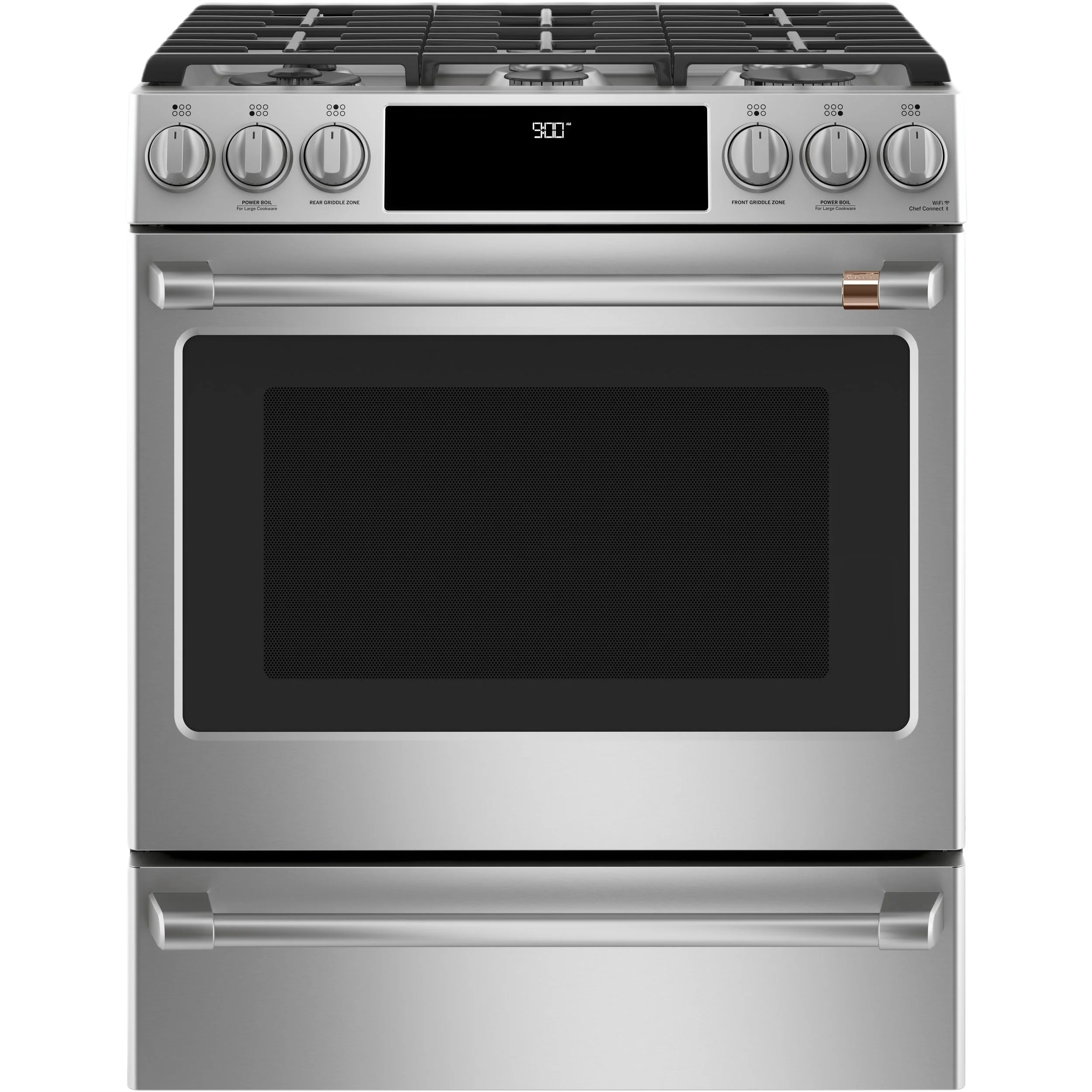 Eco-Friendly CAFÉ™ 30 Smart Slide-In Front-Control Dual-Fuel Range with Warming Drawer High-End