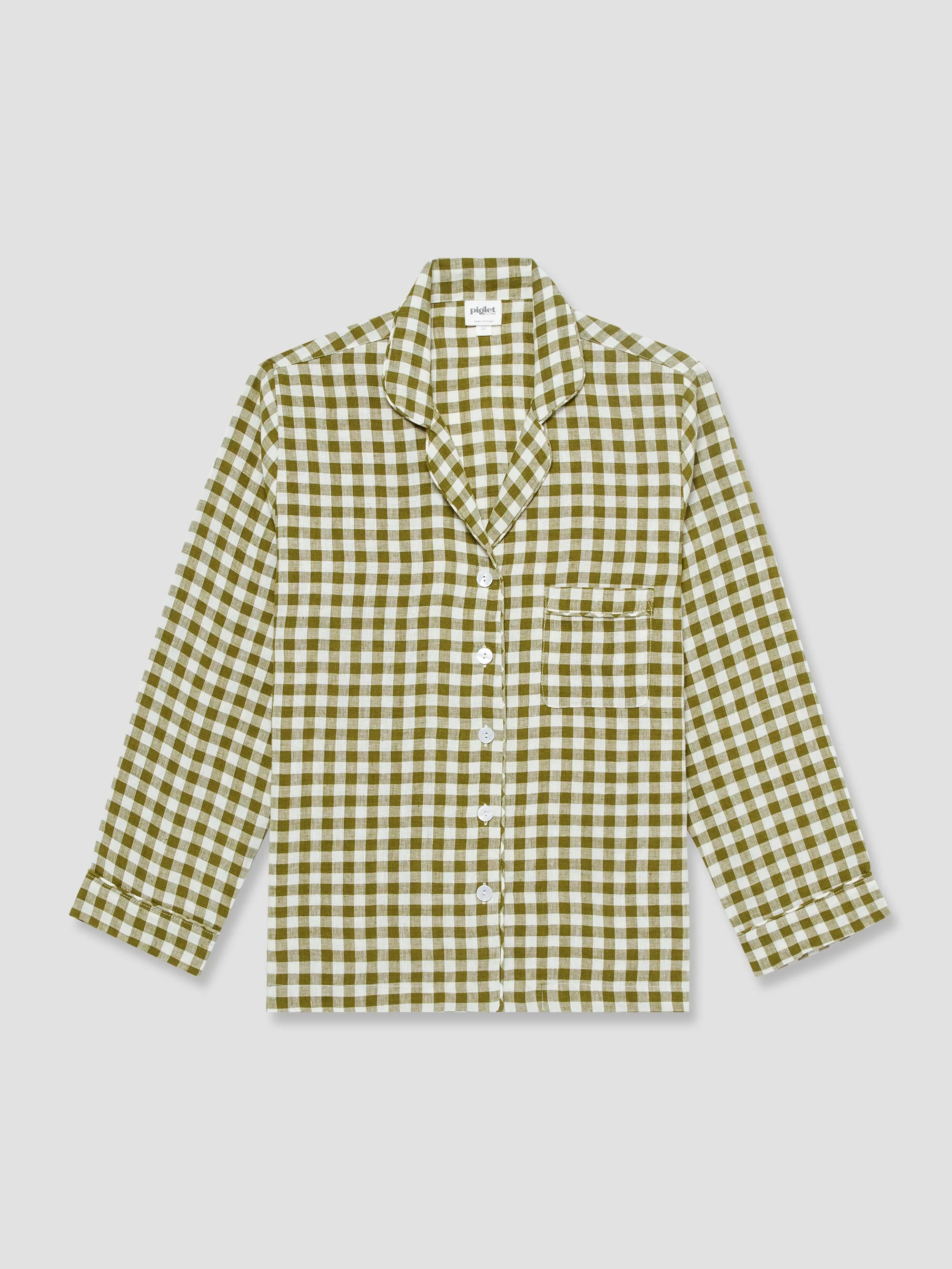 Relaxed Botanical Green Gingham Linen Pyjama Shirt Casual