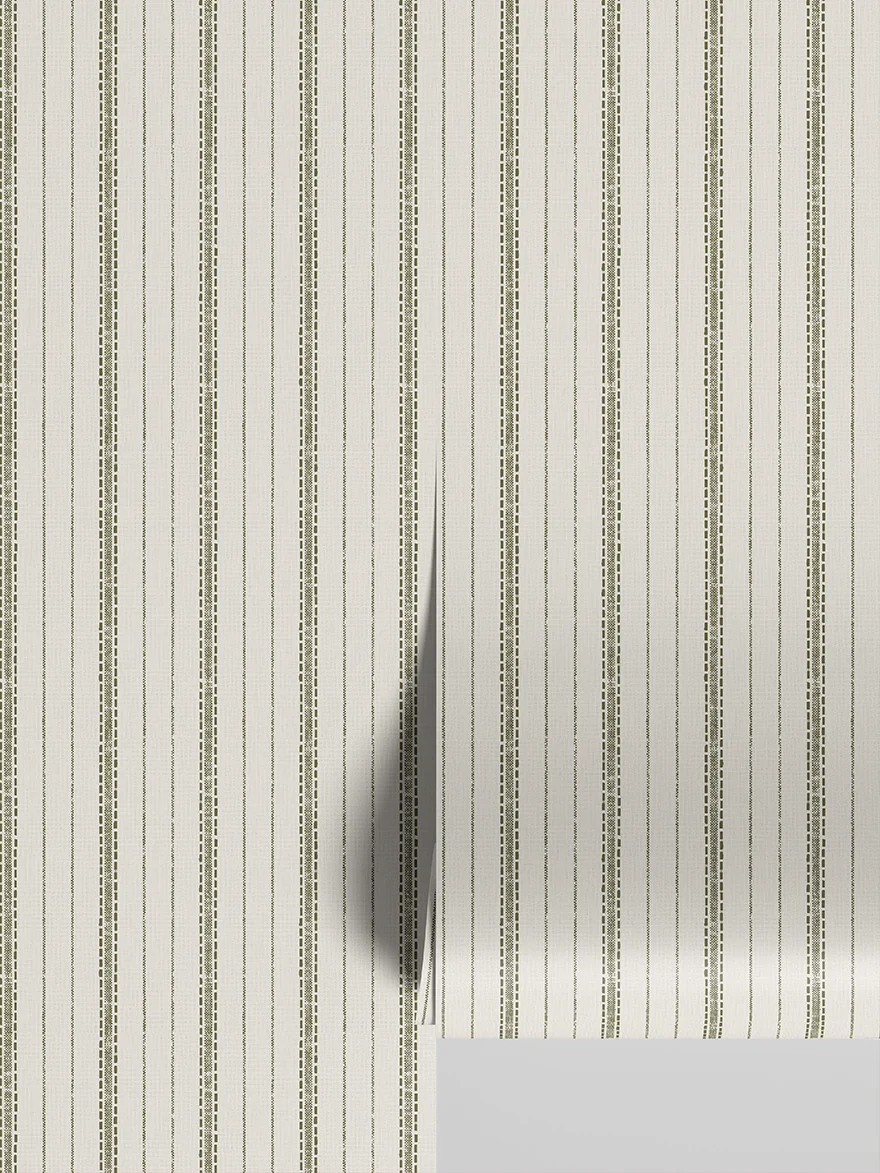 Modern Botanical Green Ticking Stripe Wallpaper Solid