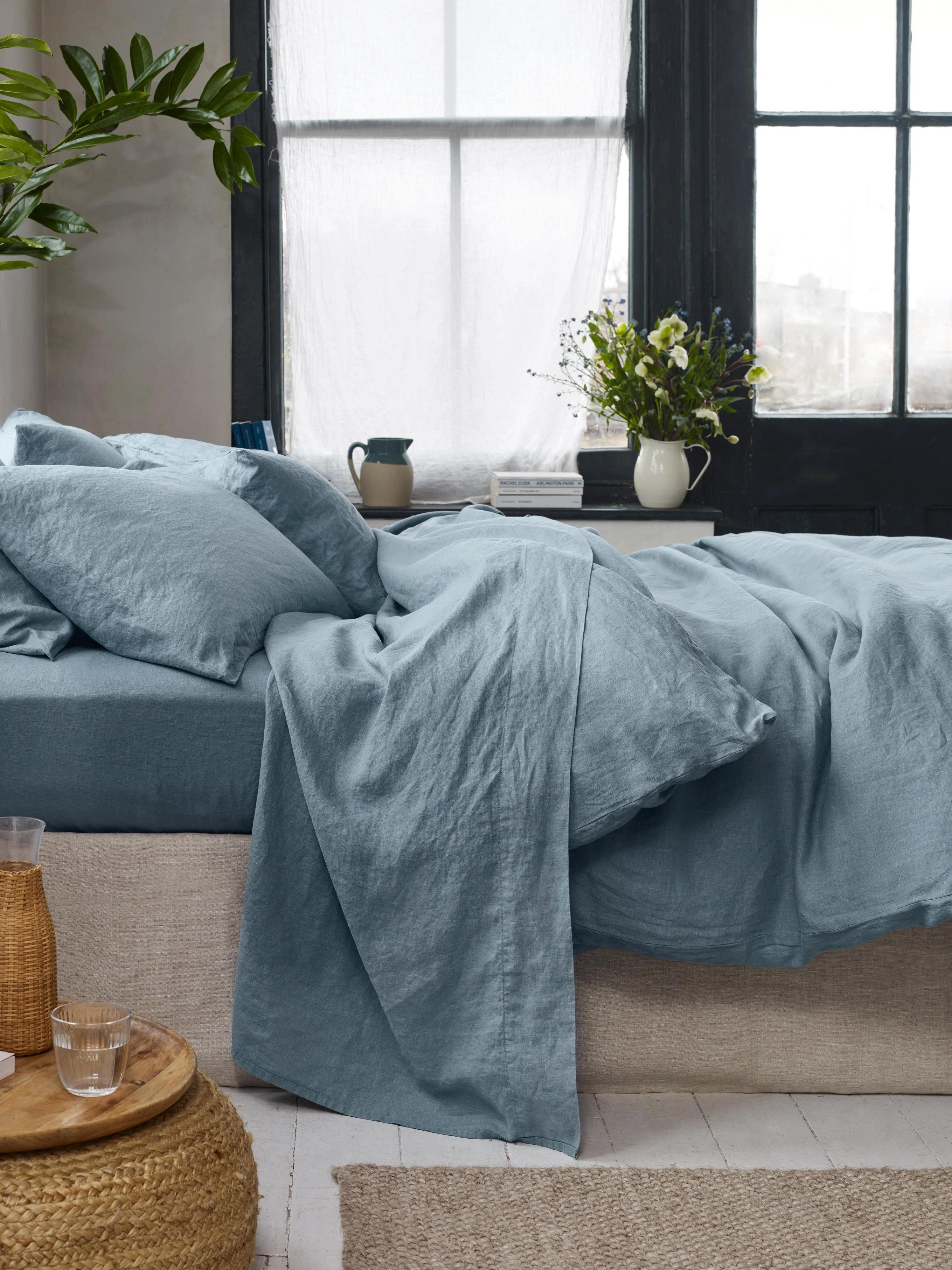 Durable Dusk Blue Linen Blend Flat Sheet Detailed