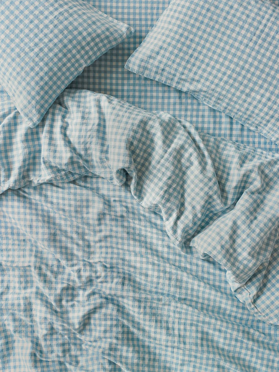 User-Friendly Warm Blue Gingham Linen Blend Duvet Cover Authentic