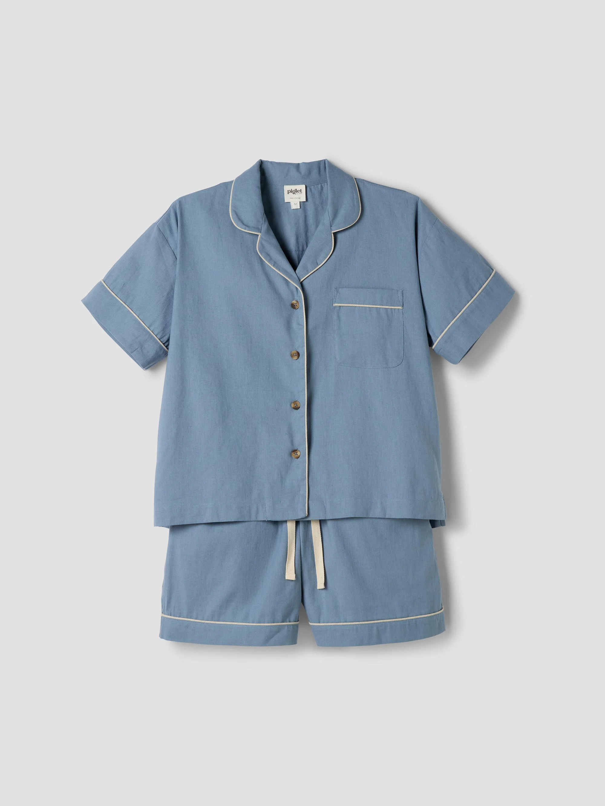 Traditional Dusk Blue Linen Blend Pyjama Short Set Reusable