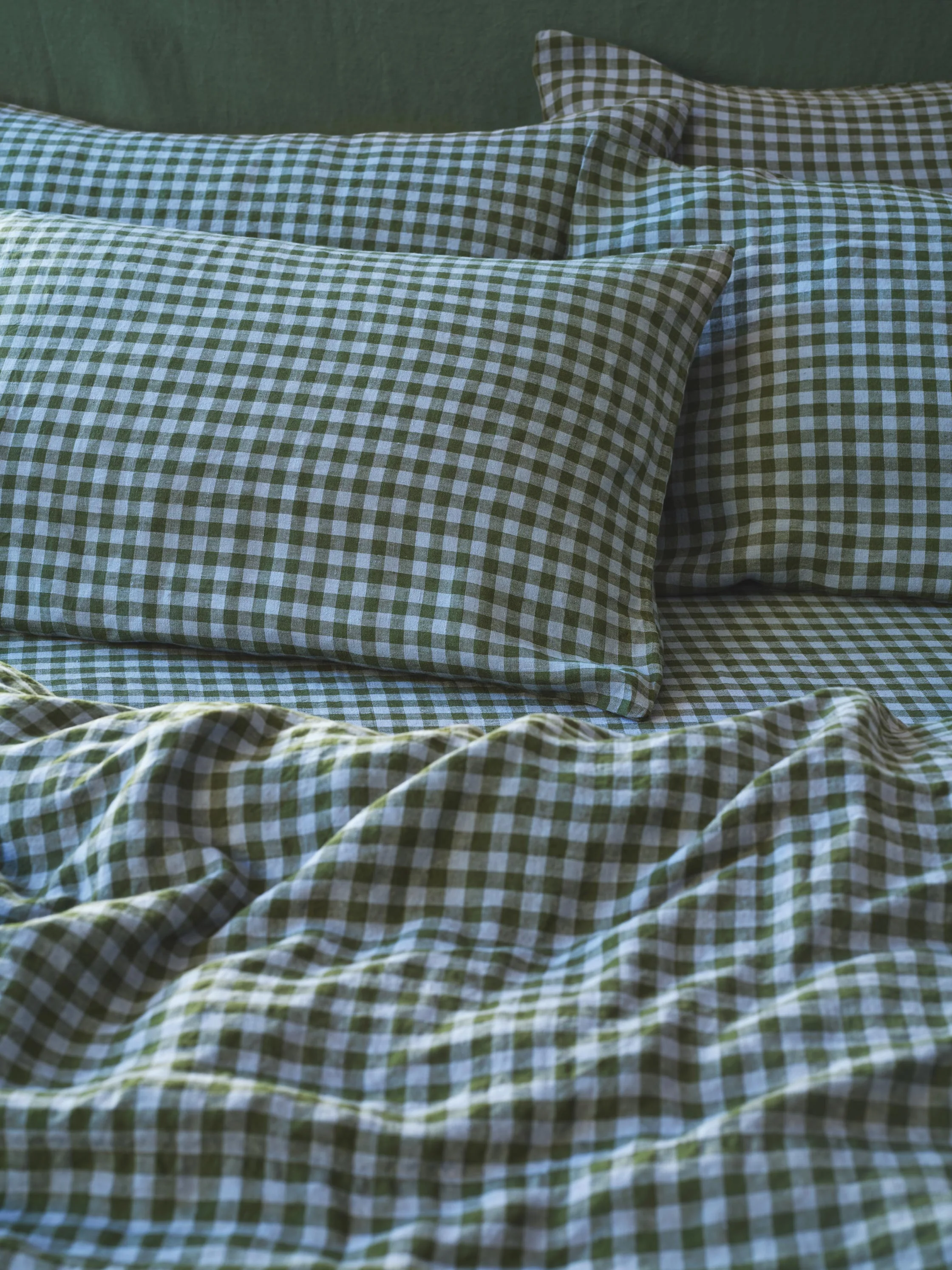 Superior Fern Green Dusk Blue Colour Drenched Gingham Linen Pillowcases Pair Smooth