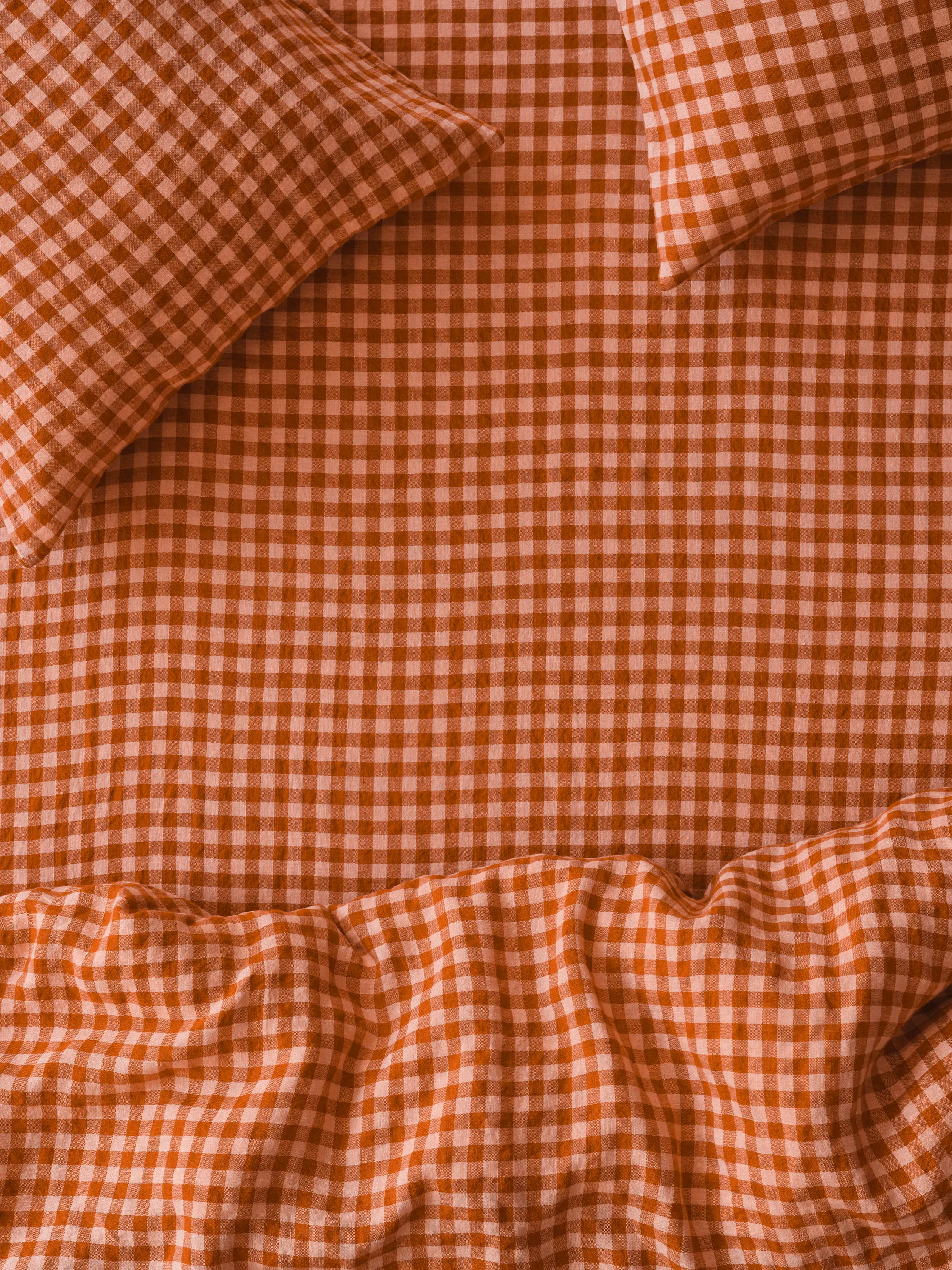 Reusable Cinnamon Peach Colour Drenched Gingham Linen Fitted Sheet Superior