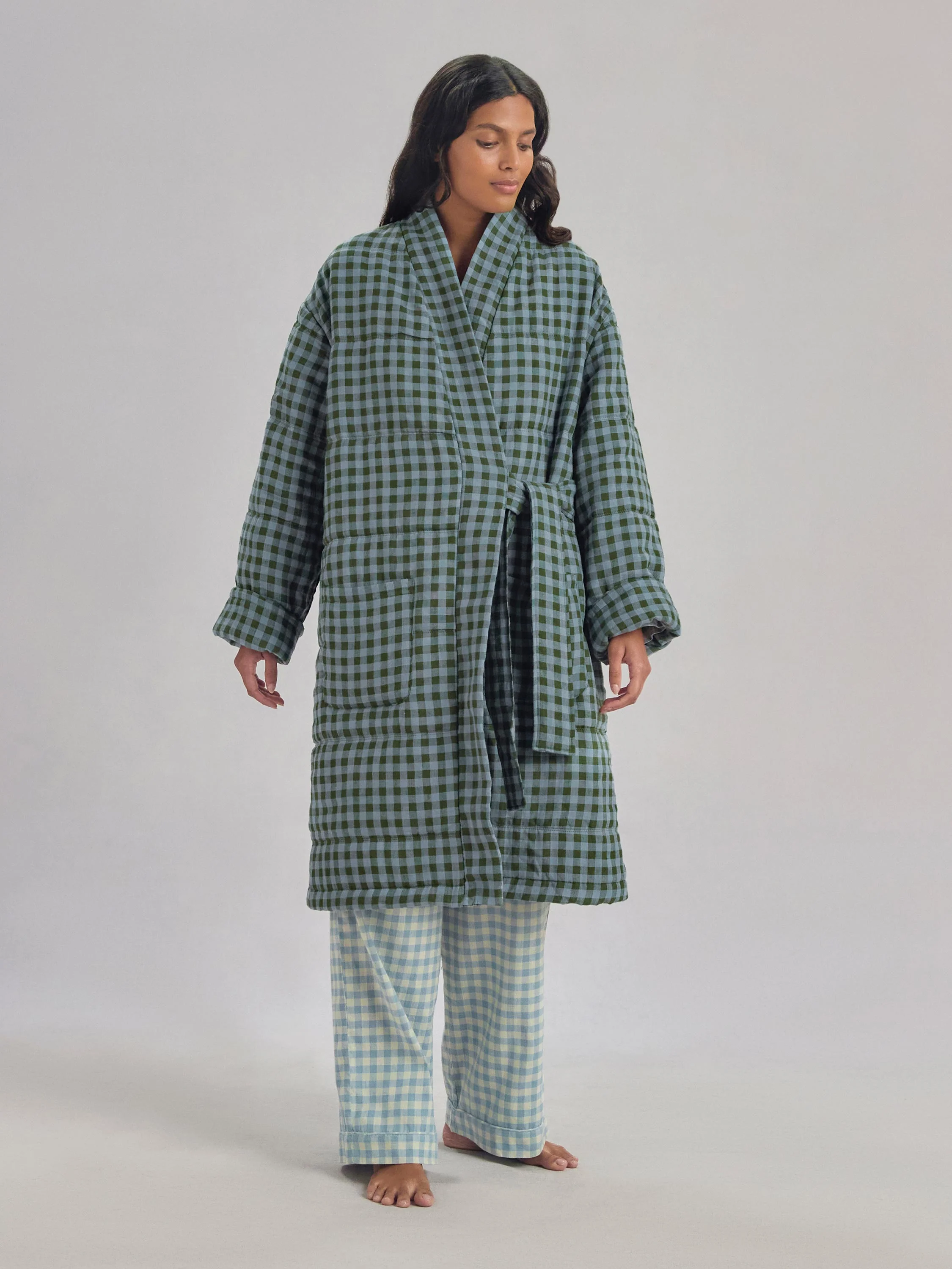 Convenient Fern Green Dusk Blue Colour Drenched Gingham Linen Blend Housecoat Exclusive