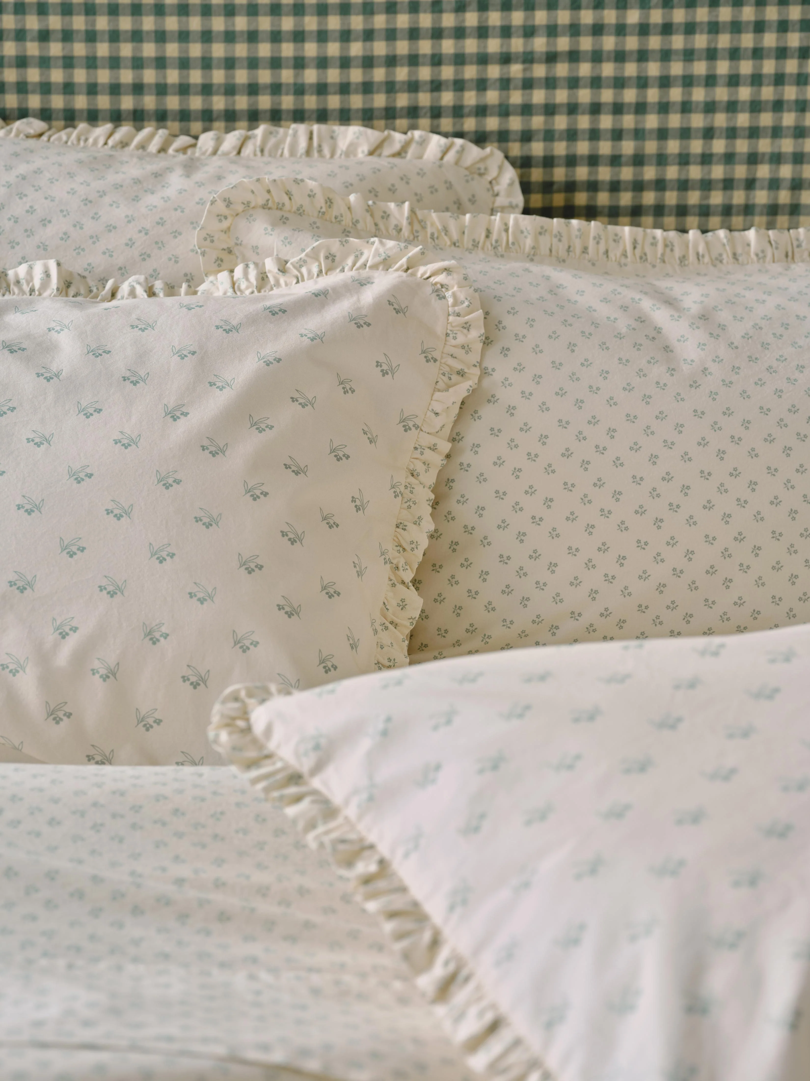 Functional Mellow Green Martha Floral Cotton Frill Pillowcases Pair Safe