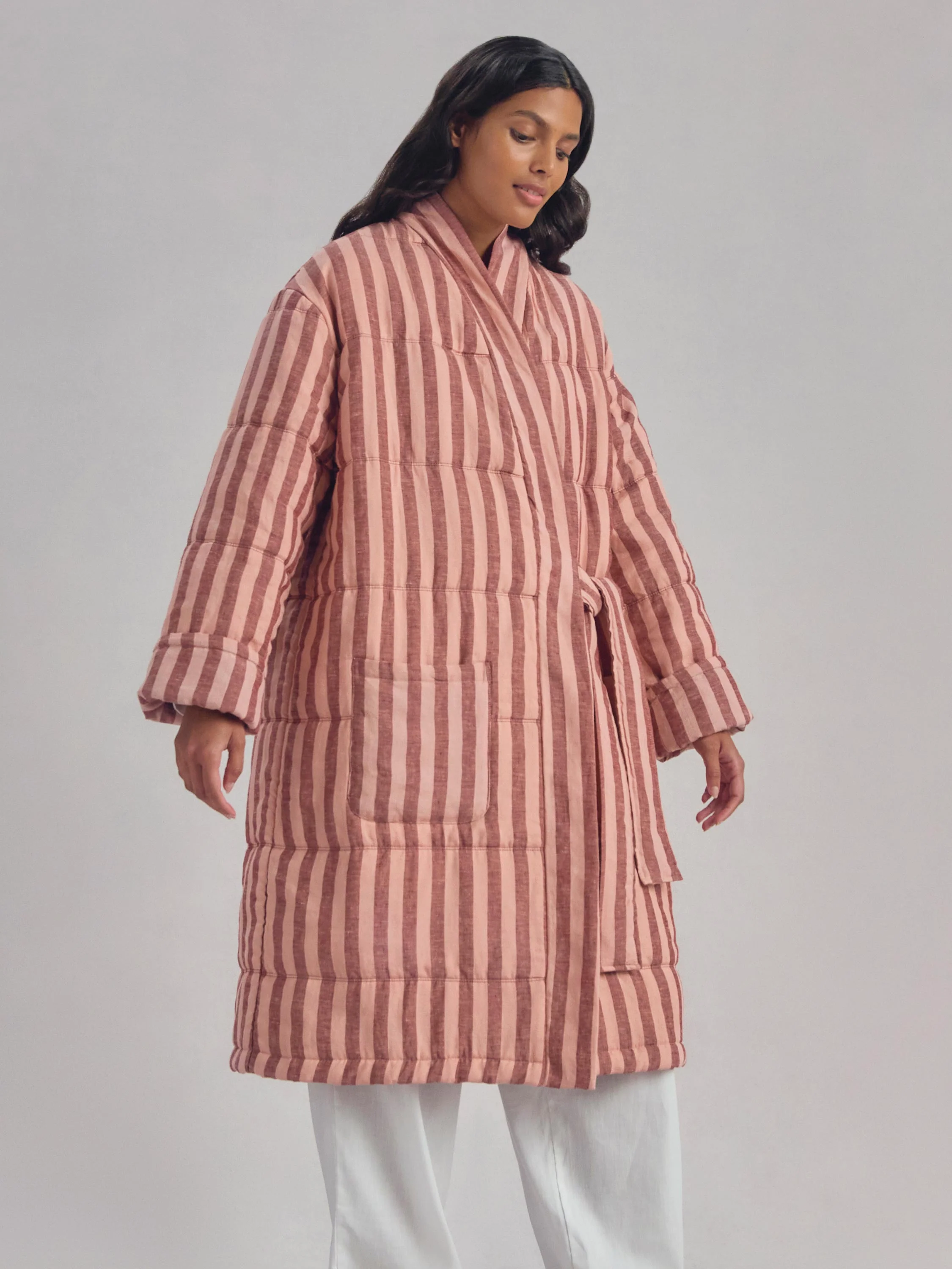 Recyclable Rhubarb Rose Pembroke Stripe Linen Blend Housecoat Luxury