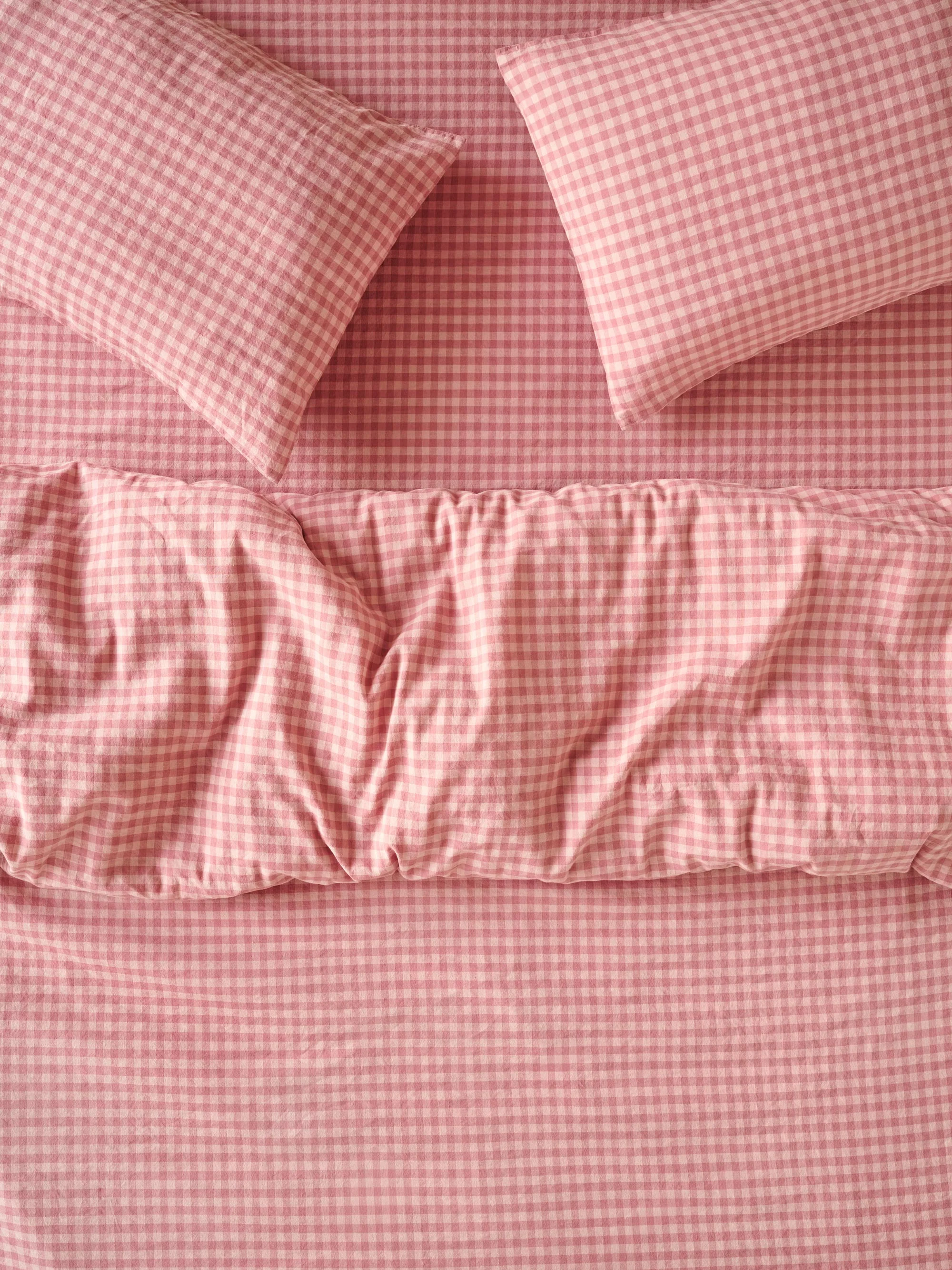 Casual Dusty Pink Rose Colour Drenched Gingham Linen Blend Duvet Cover Consistent