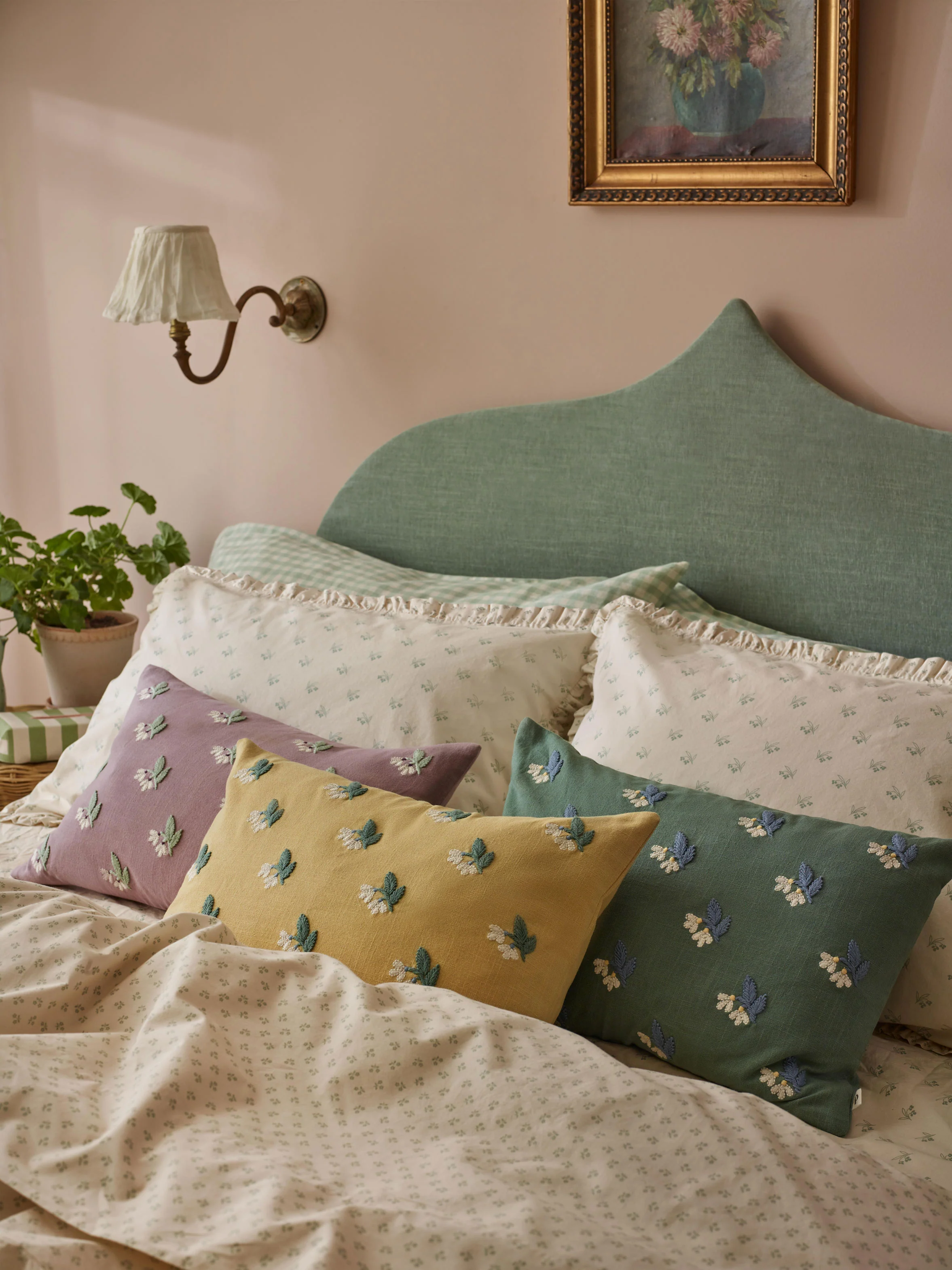 Superior Elm Green Snowdrop Embroidered Filled Cushion Fast