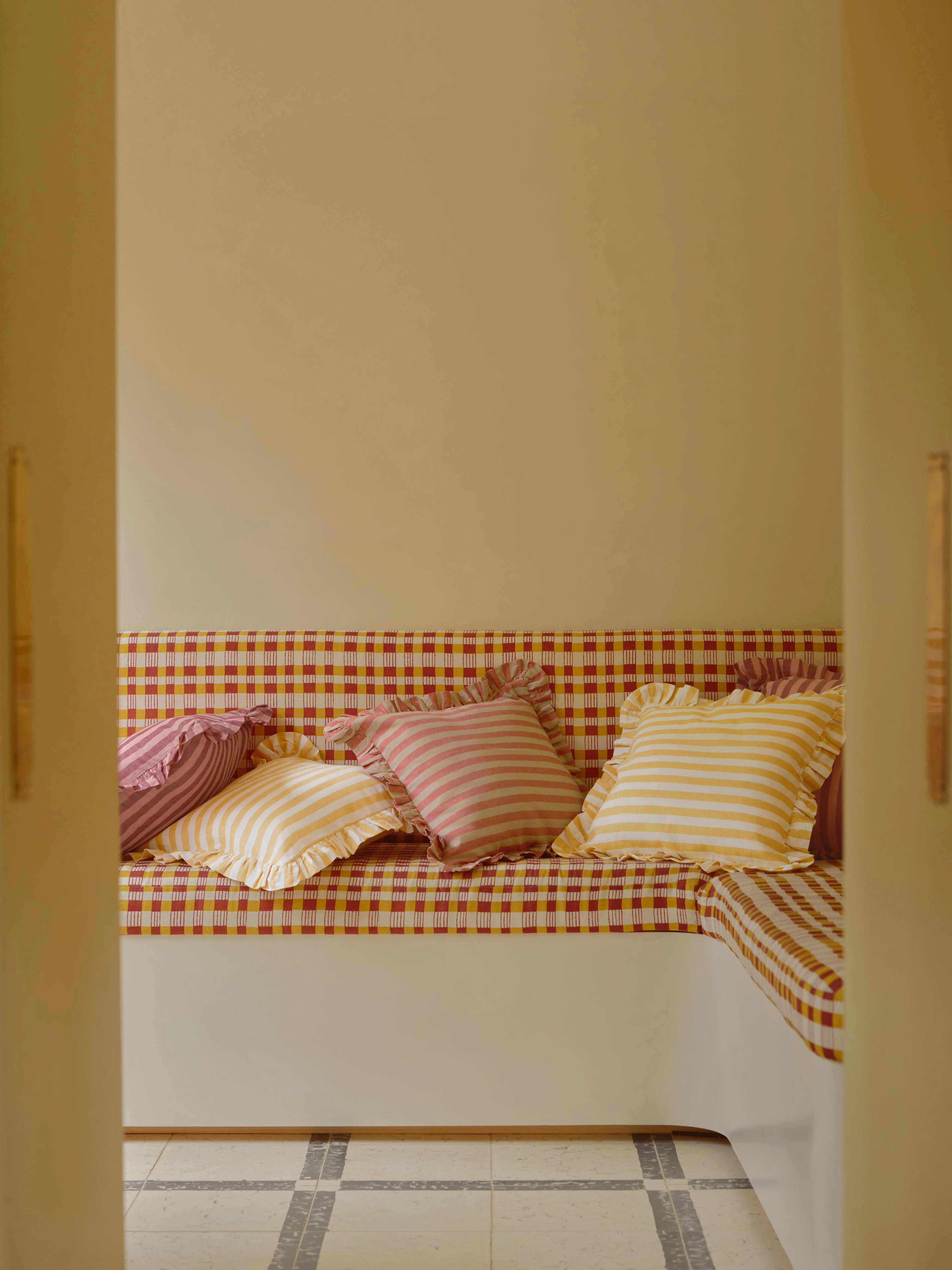 Carefully Designed Sandstone Red Pembroke Stripe Frill Linen Blend Filled Cushion Trusted