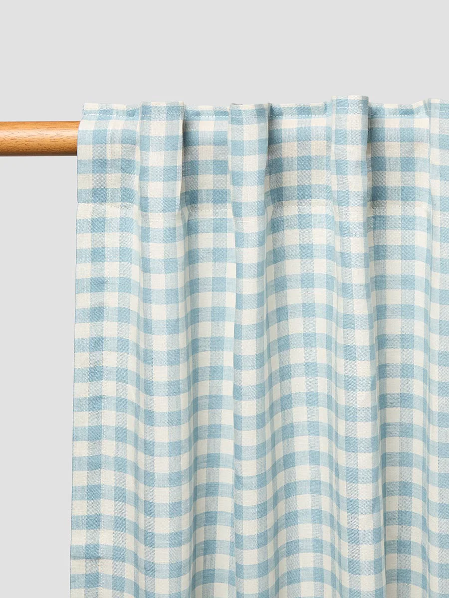 High-Quality Warm Blue Gingham Linen Blend Curtains Pair Refined