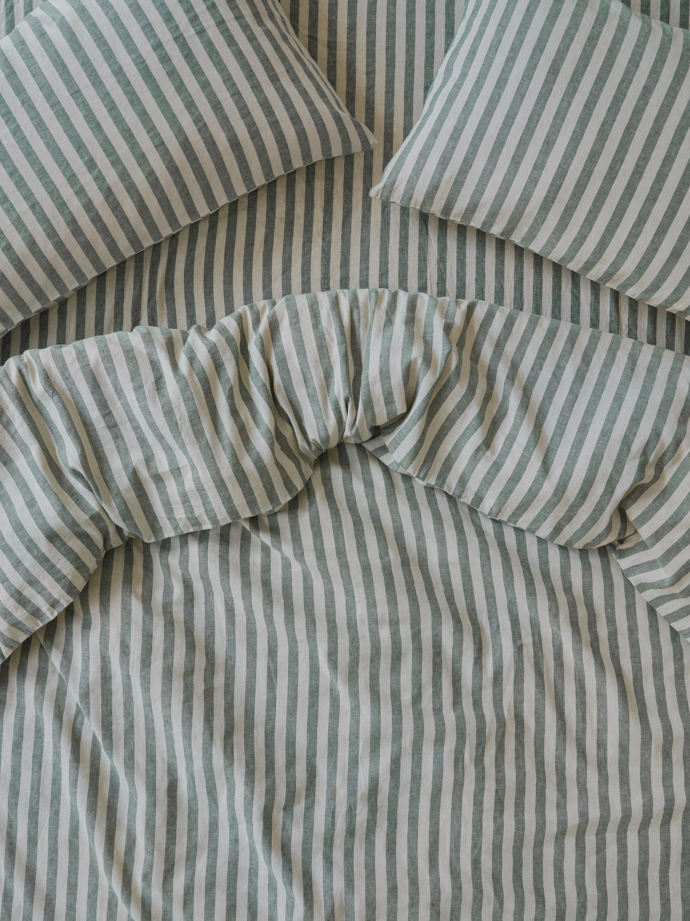 Environmentally Friendly Fern Green Pembroke Stripe Linen Blend Duvet Cover Certified
