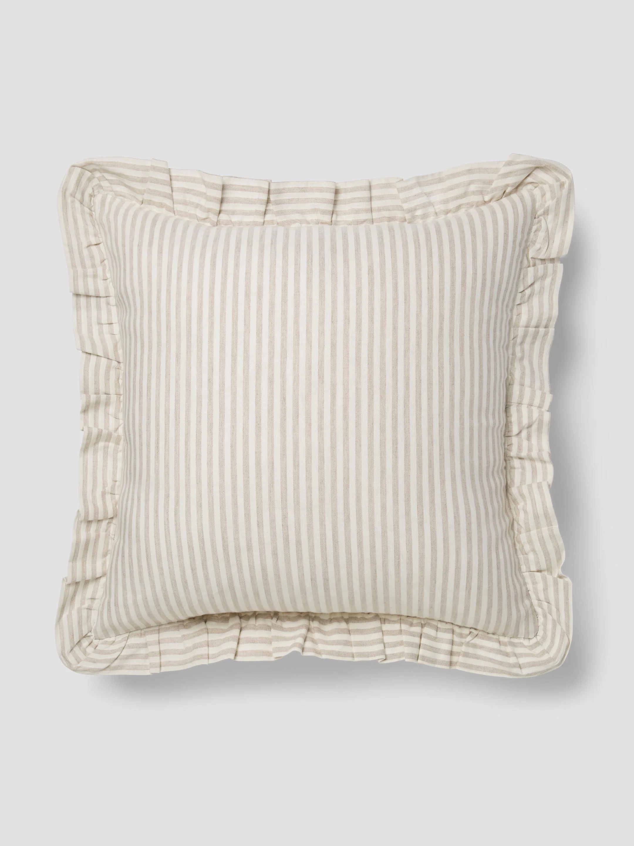 Official Oatmeal Stripe Frill Linen Blend Filled Cushion Excellent