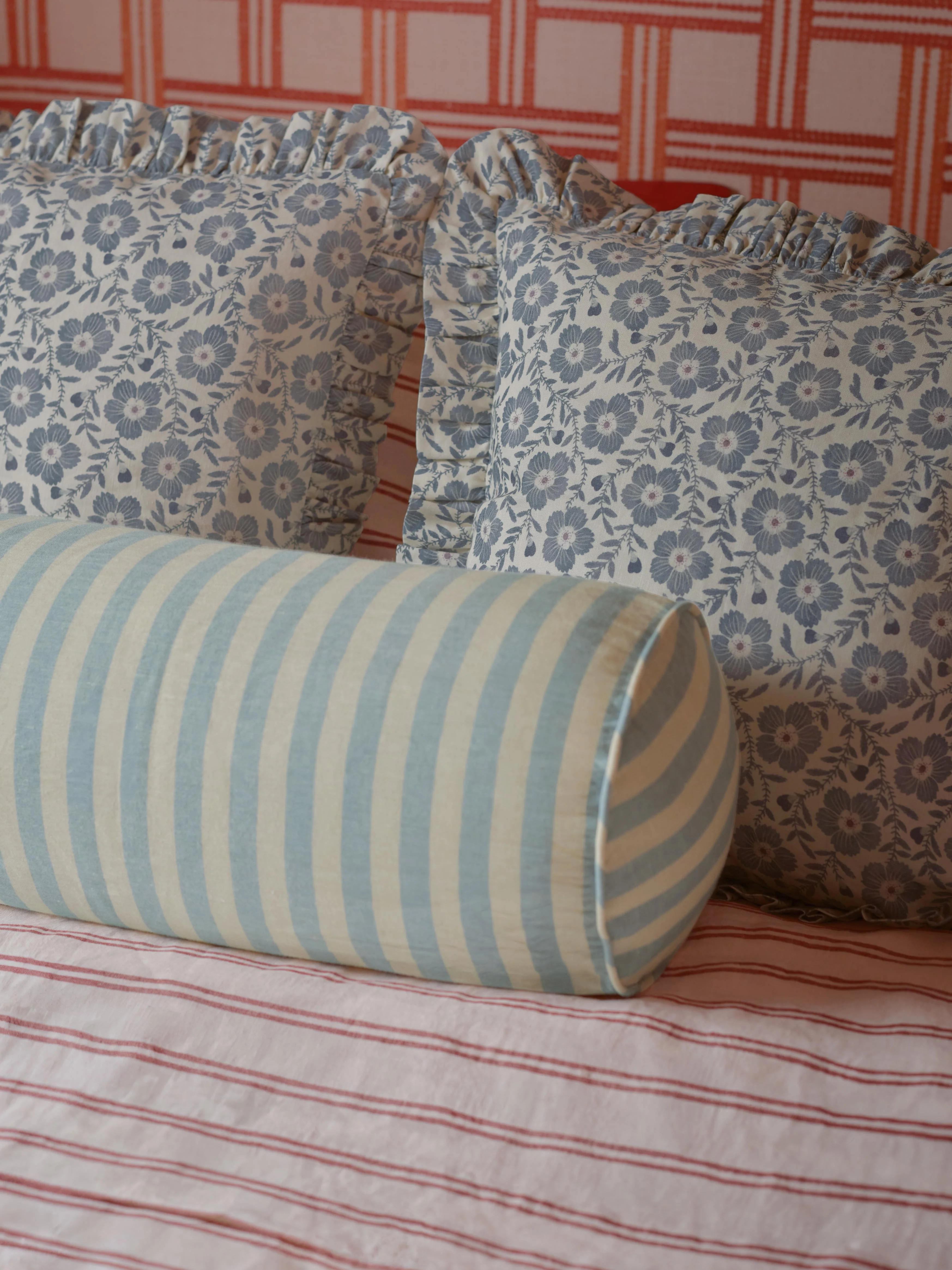 High-Performance Dusk Blue Folk Floral Frill Linen Blend Filled Cushion Original