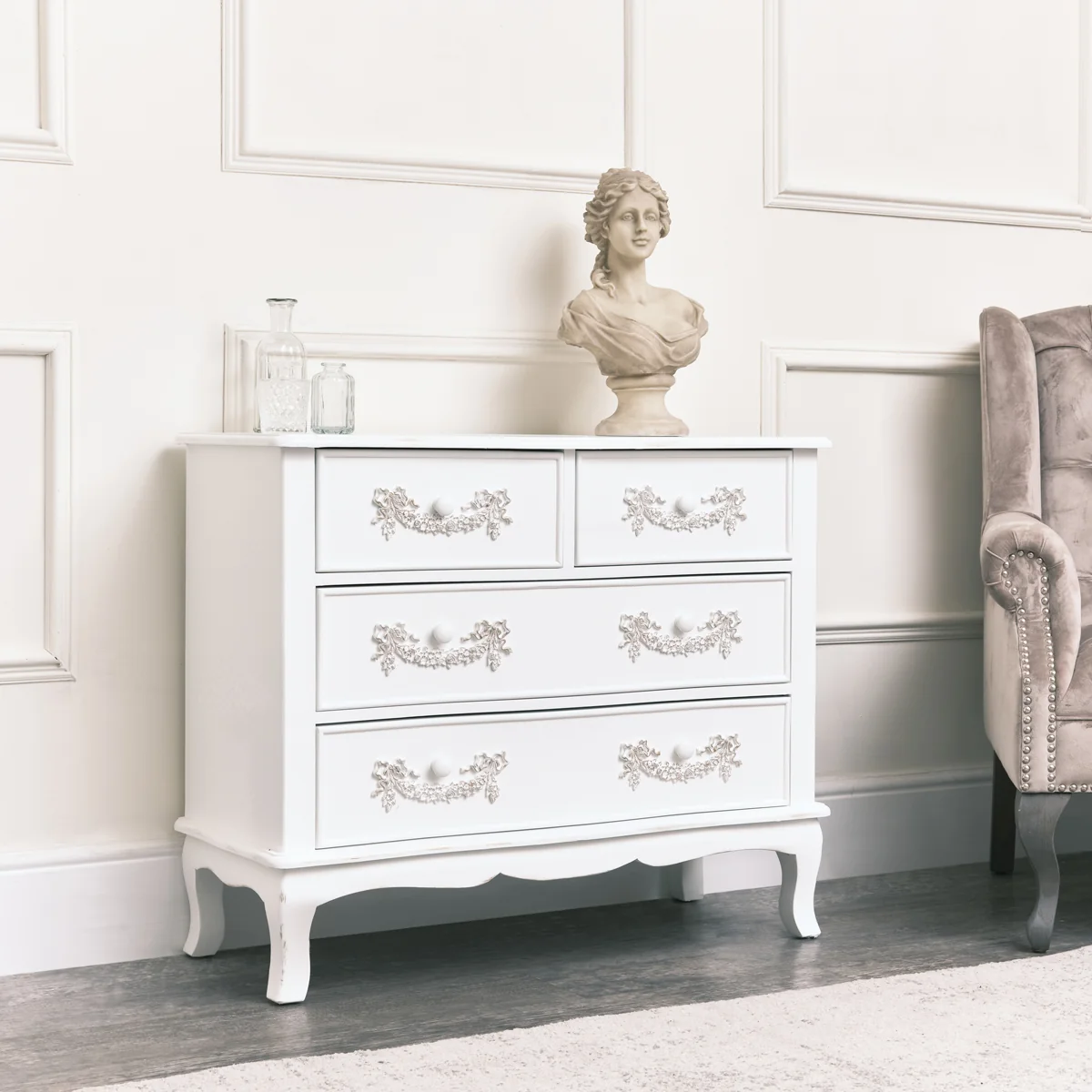 Eco-Friendly Antique White 4 Drawer Chest of Drawers - Pays Blanc Range Top-Quality