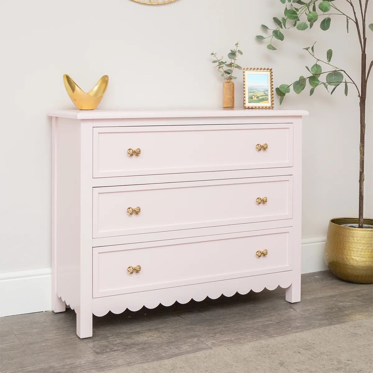 Casual Large Scalloped 3 Drawer Chest of Drawers - Staunton Pink Range Green