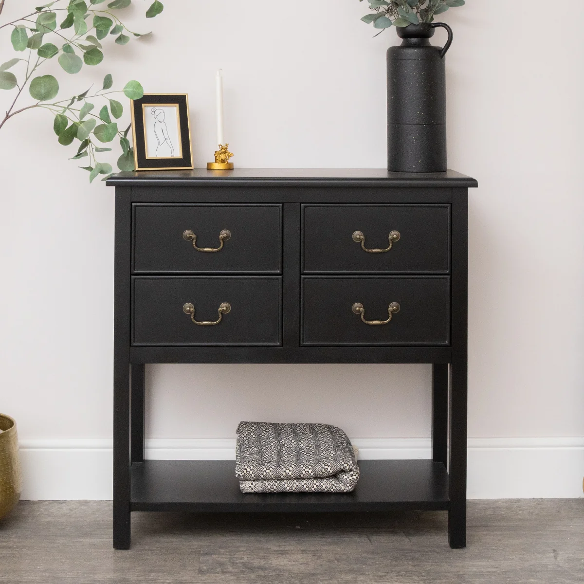 Lightweight Black 4 Drawer Chest Console Table with Shelf - Briggs Range Durable