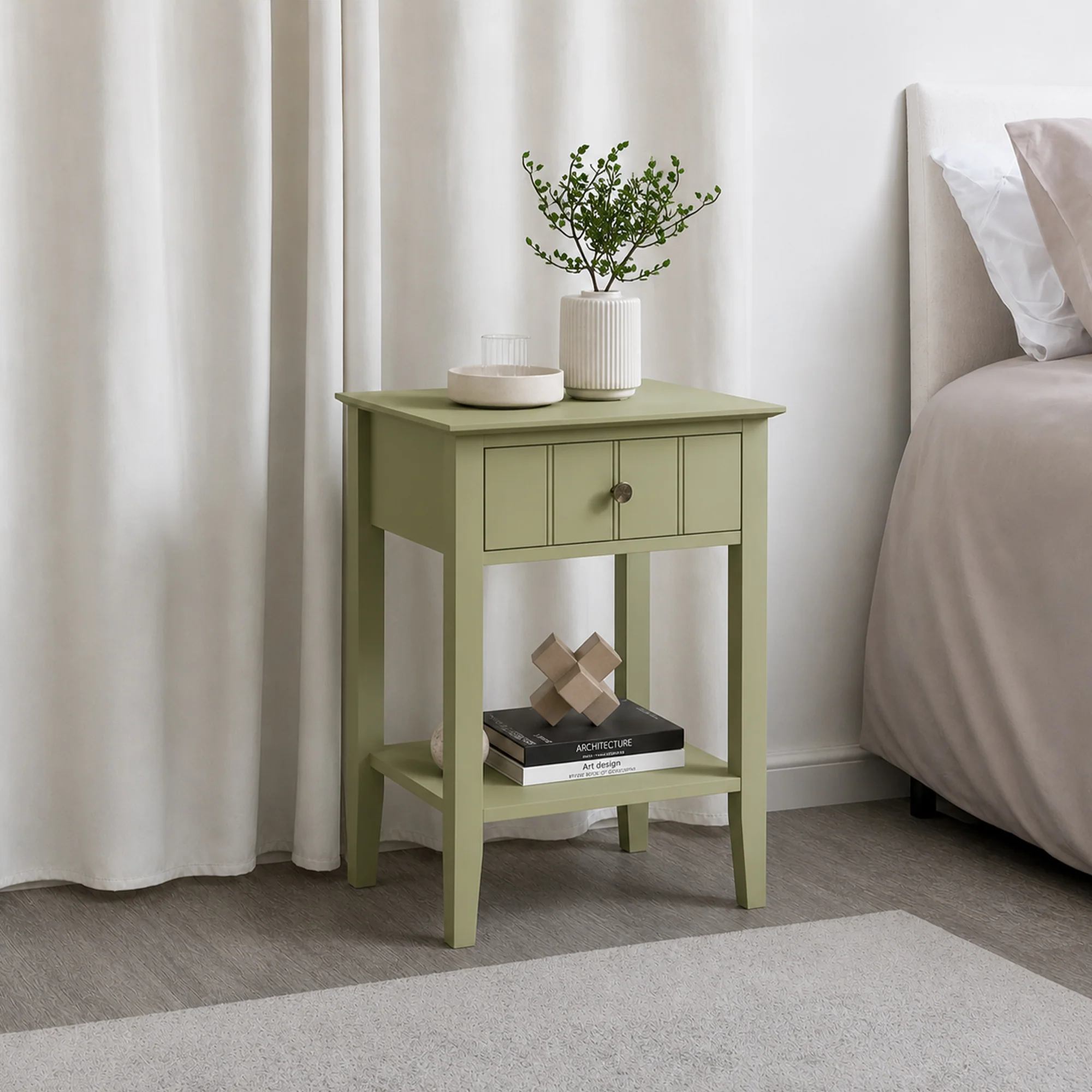 Modern Sage Green One Drawer Bedside Table with Shelf - Padstowe Sage Green Range Luxury