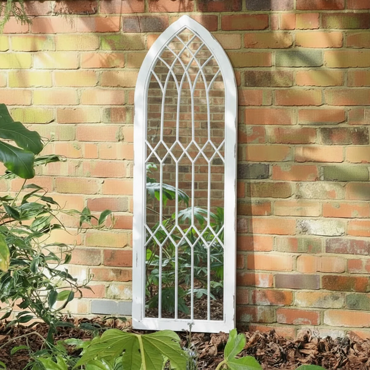 Green Arched White Distressed Chapel Fretwork Garden Mirror - 47cm x 142cm Refined
