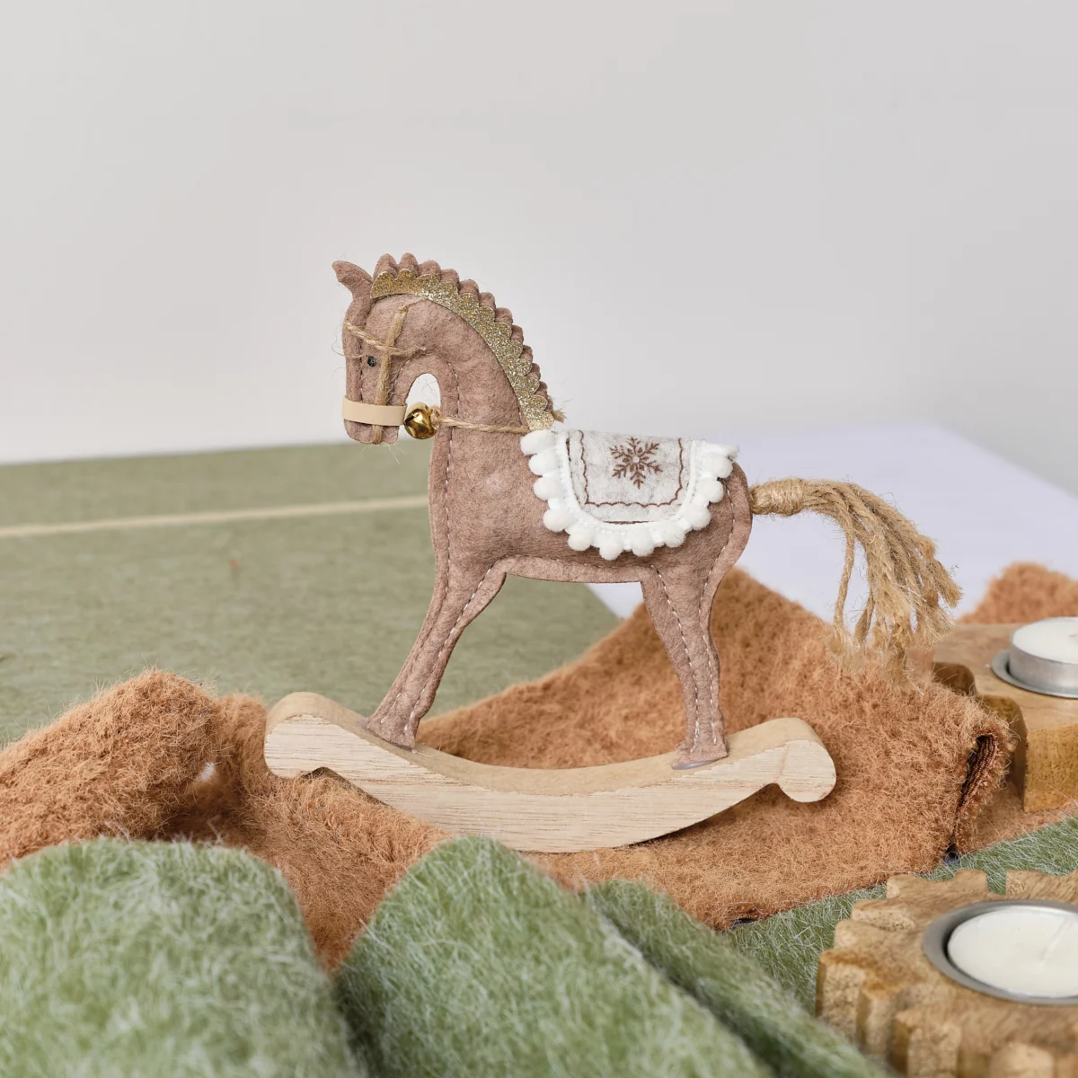 Versatile Neutral Brown Felt Standing Rocking Horse Decoration - 16cm Secure