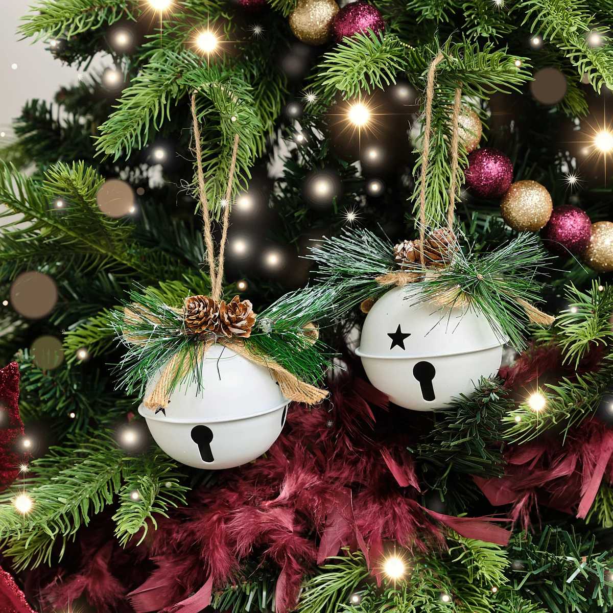 Comfortable Set of 2 White Bell Hanging Decoration with Foliage - 8cm Green