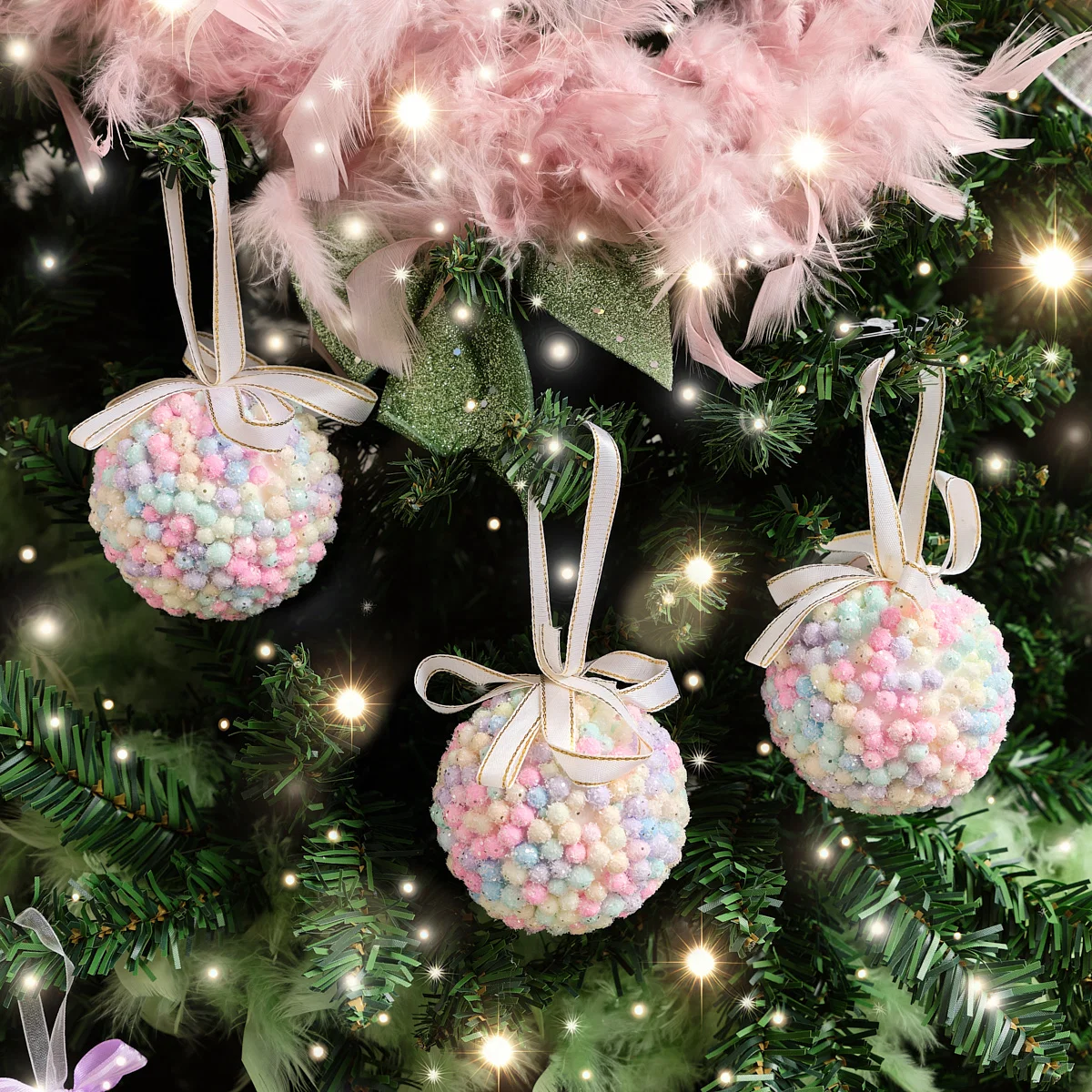 Smooth Set of 3 Mutlicoloured Pastel Beads Bauble - 8cm Sophisticated