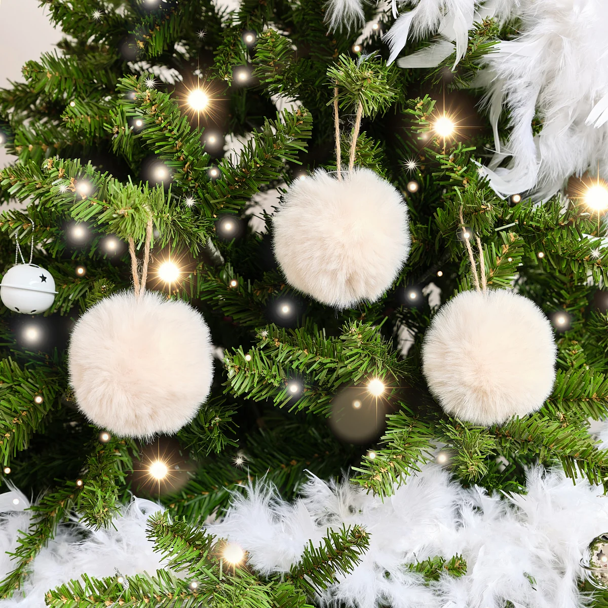 Optimized Set of 3 Small Cream Faux Fur Baubles - 7.5cm Elegant