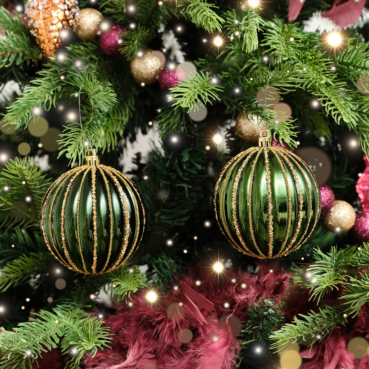 Eco-Friendly Set of 2 Green Glitter Striped Reeded Hanging Baubles - 8cm Fine Crafted