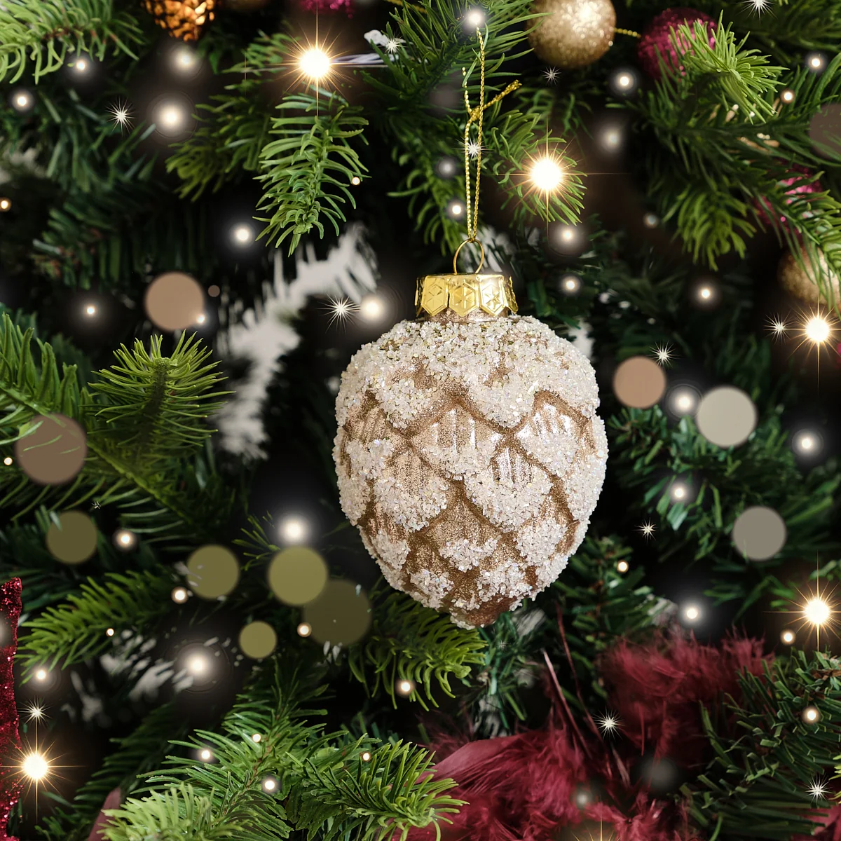 High-End Neutral Sequin Frosted Pine Cone Bauble Decoration - 8cm Soft