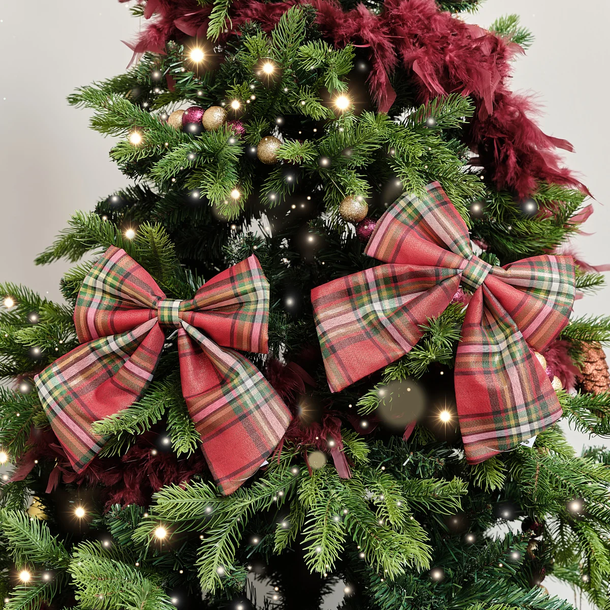 Outstanding Set of 2 Green Red Tartan Decorative Bow - 24cm Innovative