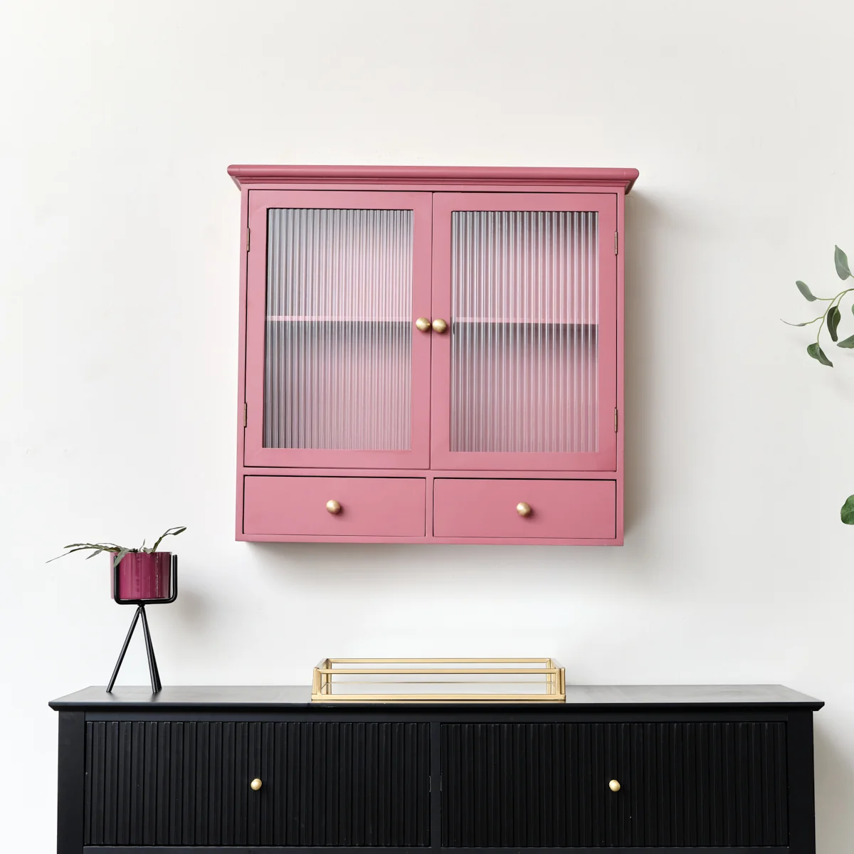 Comfortable Raspberry Red Reeded Glass Wall Cabinet with Drawers Practical