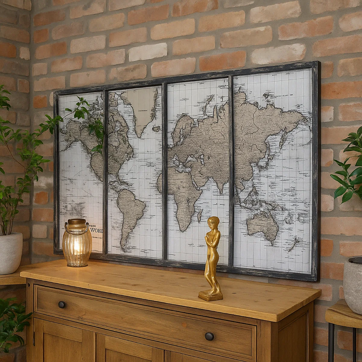 First-Class Large Black White Distressed Mirrored World Map Canvas Print 144cm x 81cm Contemporary