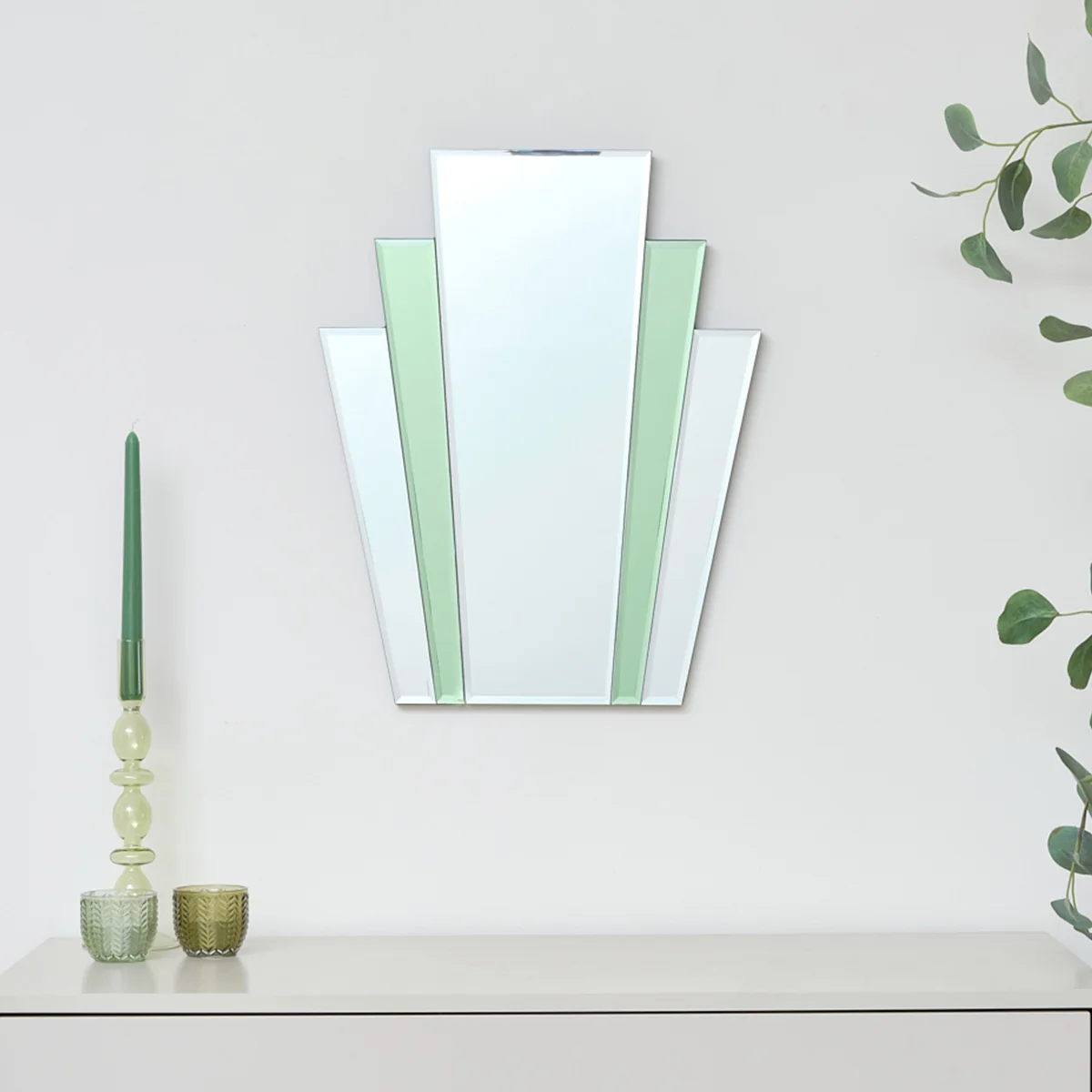 Detailed Art Deco Green Glass Fan Wall Mirror - 50cm x 40cm World-Class