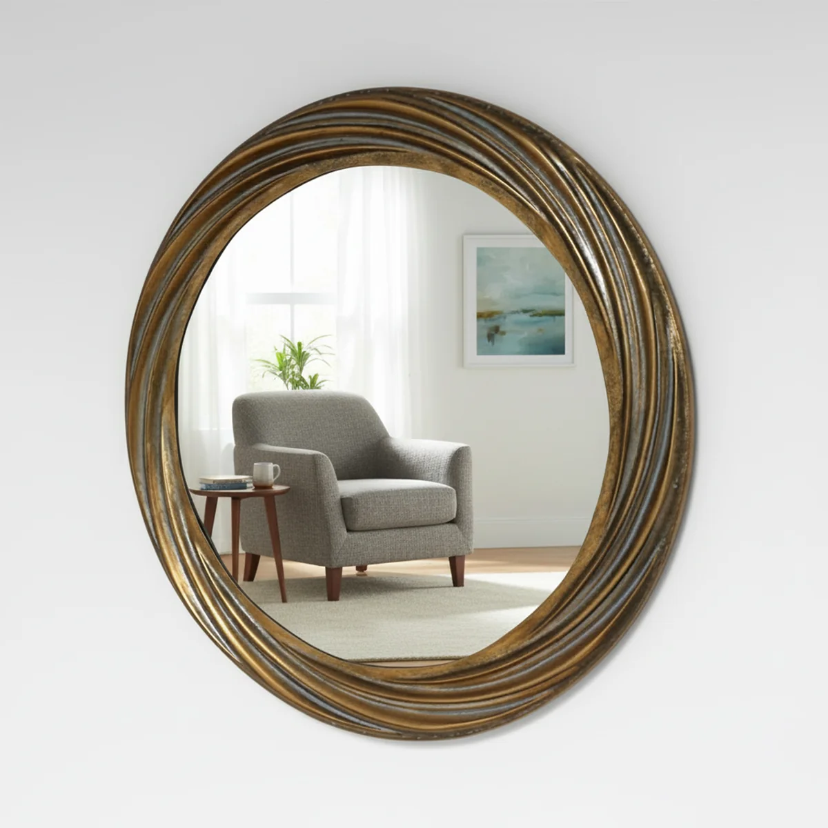 Stylish Large Antique Gold Round Swirl Mirror - 80cm x 80cm Secure
