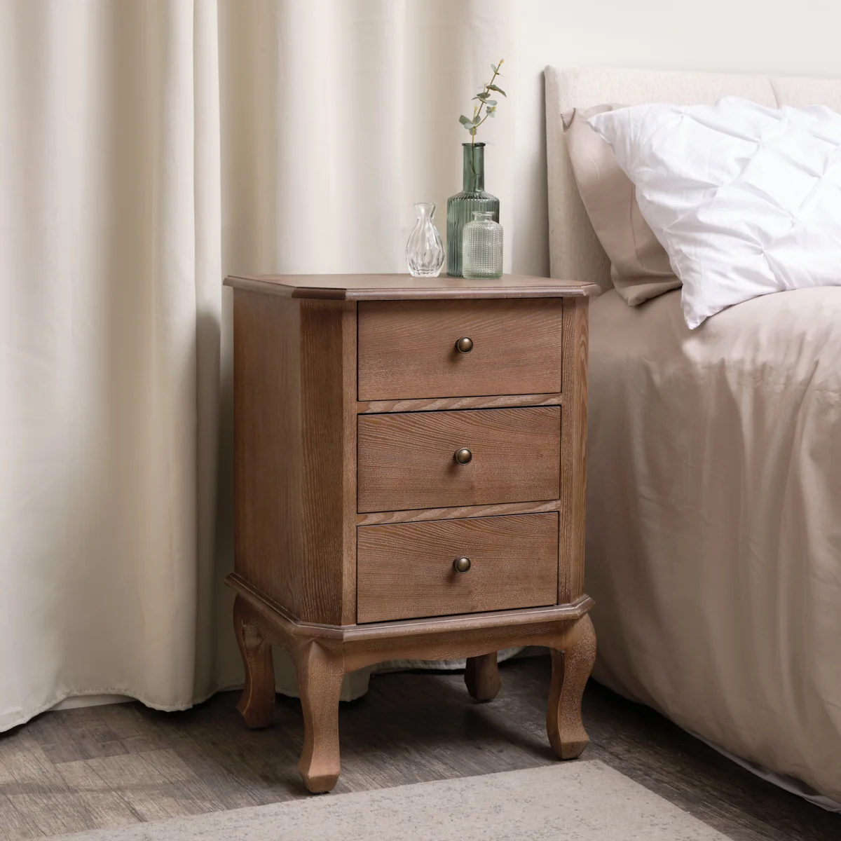 Elegant Dark Wood 3 Drawer Bedside Table - Ashwell Range Verified