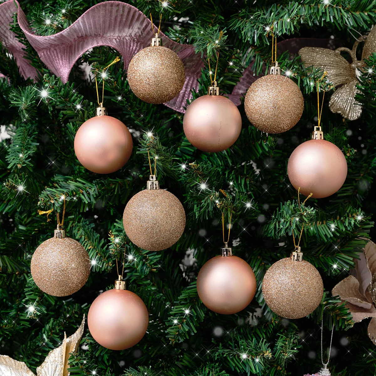 High-Grade Set of 10 Mixed Rose Gold Pink Glitter Baubles Next-Generation