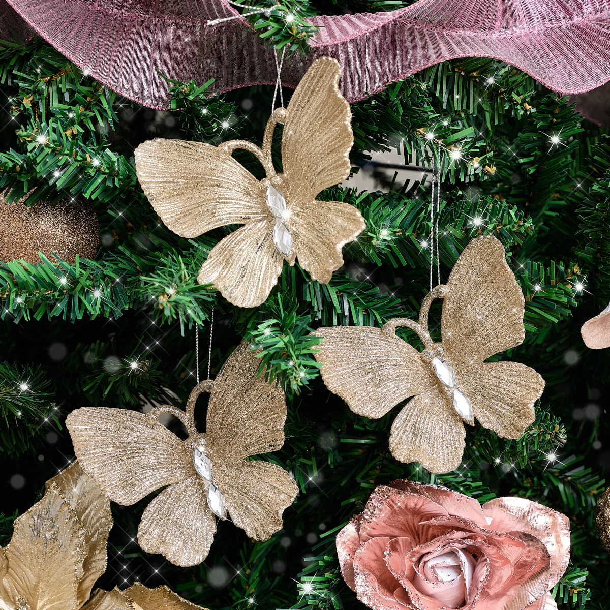 Exclusive Set of 3 Champagne Gold Glitter Jewelled Butterfly Christmas Decorations - 10cm Detailed
