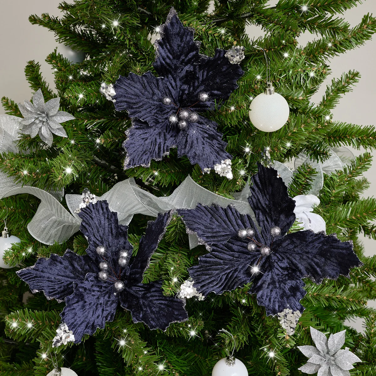 Modern Set of 3 Navy Blue Poinsettias Clip Christmas Decorations - 25cm Artisan