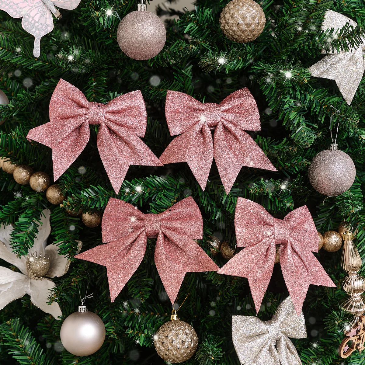 Crafted Set of 4 Glitter Pink Christmas Bows Minimalist