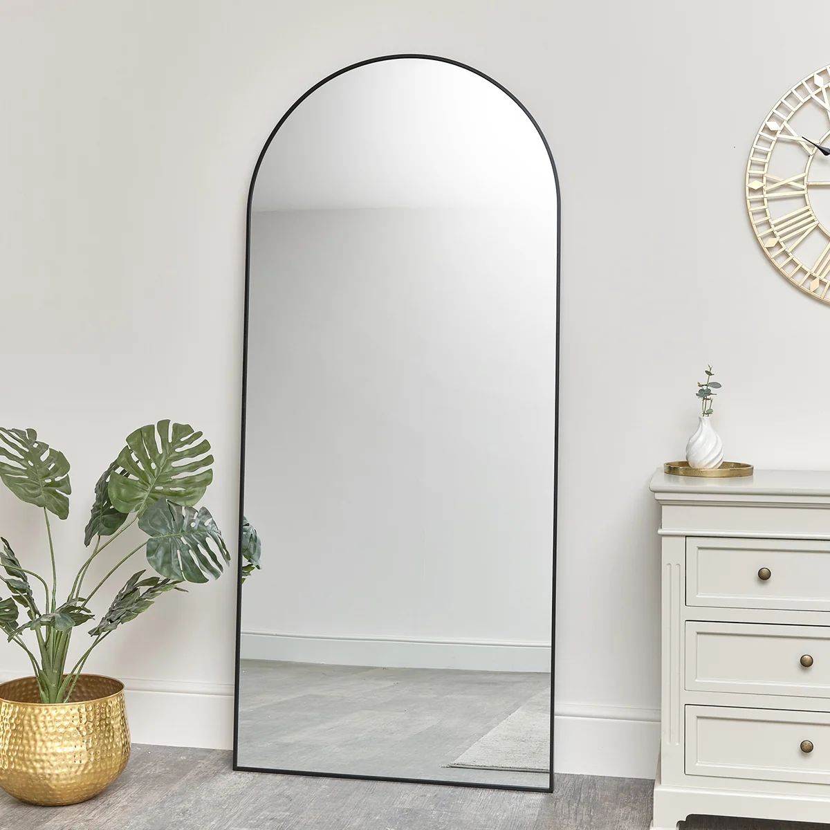 Durable Large Black Arched Wall Leaner Mirror - 180cm x 80cm Relaxed