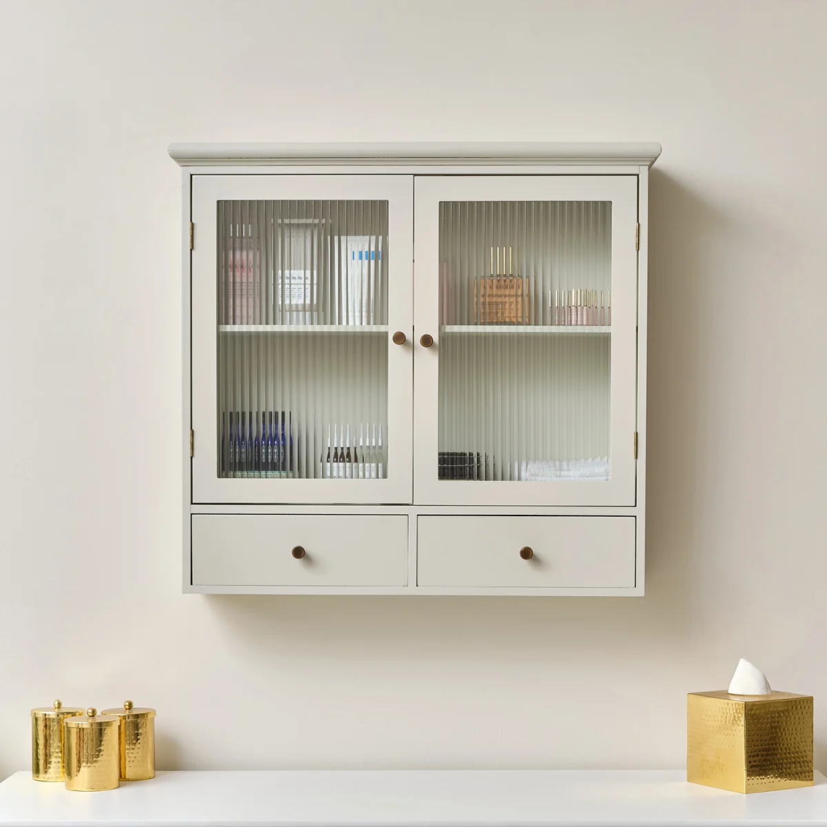 Reusable Pale Grey-Taupe Reeded Glass Wall Cabinet with Drawers Traditional