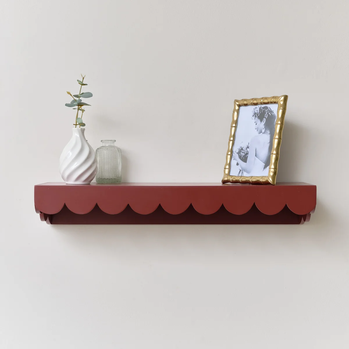 Verified Large Oxblood Dark Red Scalloped Wall Storage Shelf - 61cm Authentic