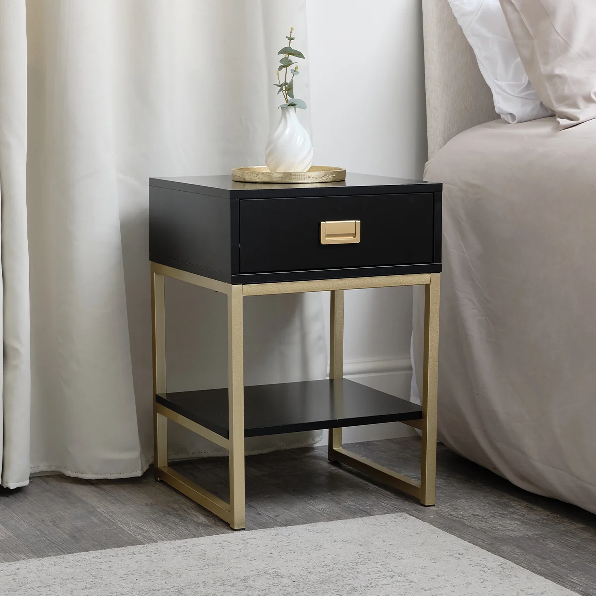Easy-to-Use One Drawer Bedside Table - Elle Black Range Classic