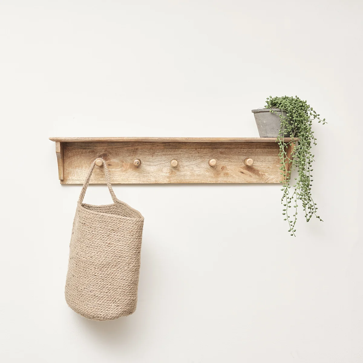 Eco-Friendly Mango Wood Wall Shelf with Hooks Original Design