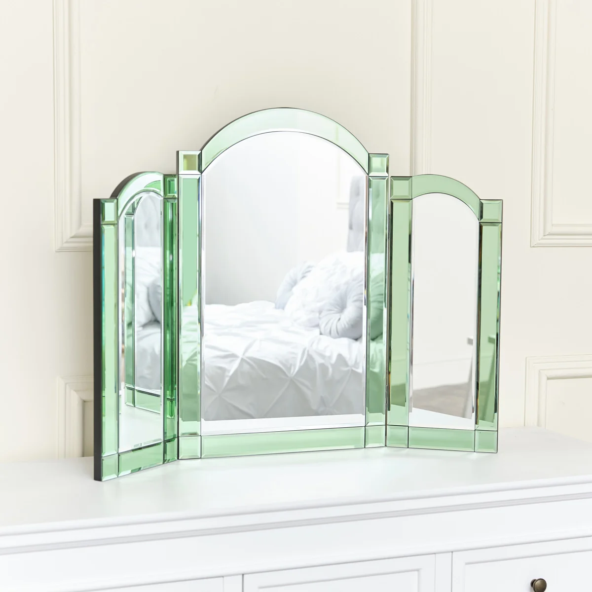 Soft Green Glass Art Deco Triple Mirror 74cm x 60cm Clean
